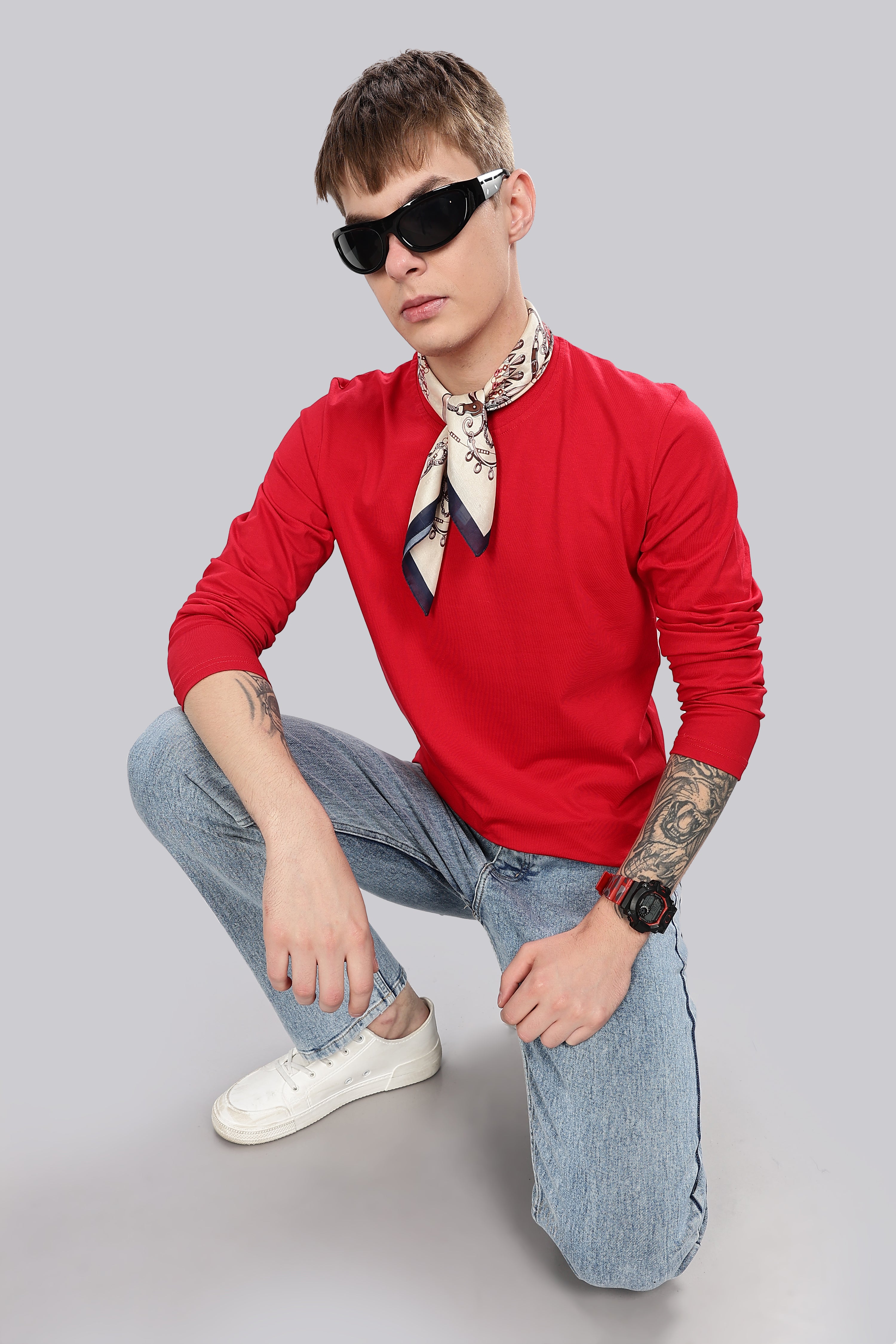 Classic Red Long Sleeve Crew Neck T-Shirt