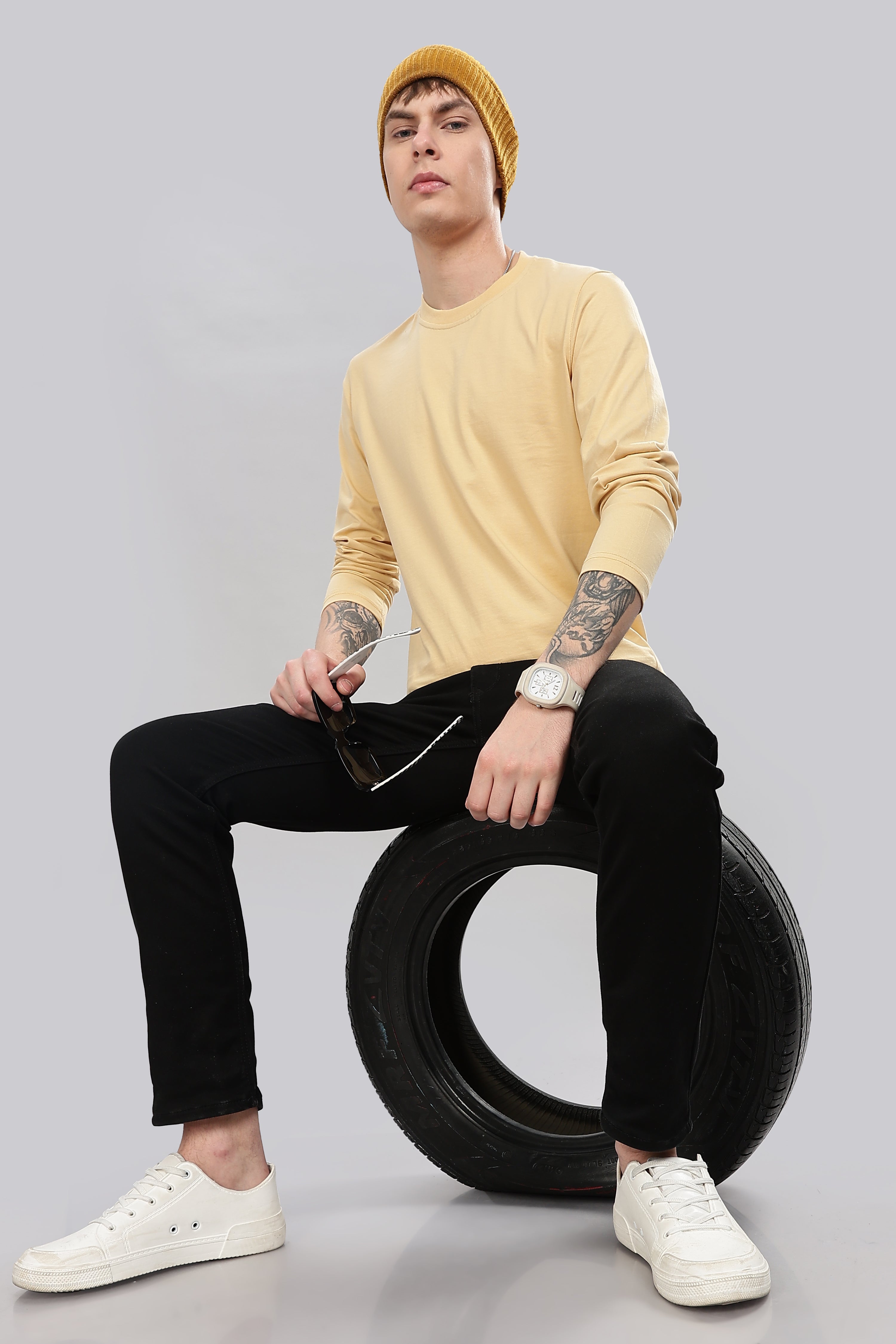 Cream Long Sleeve Crew Neck T-Shirt