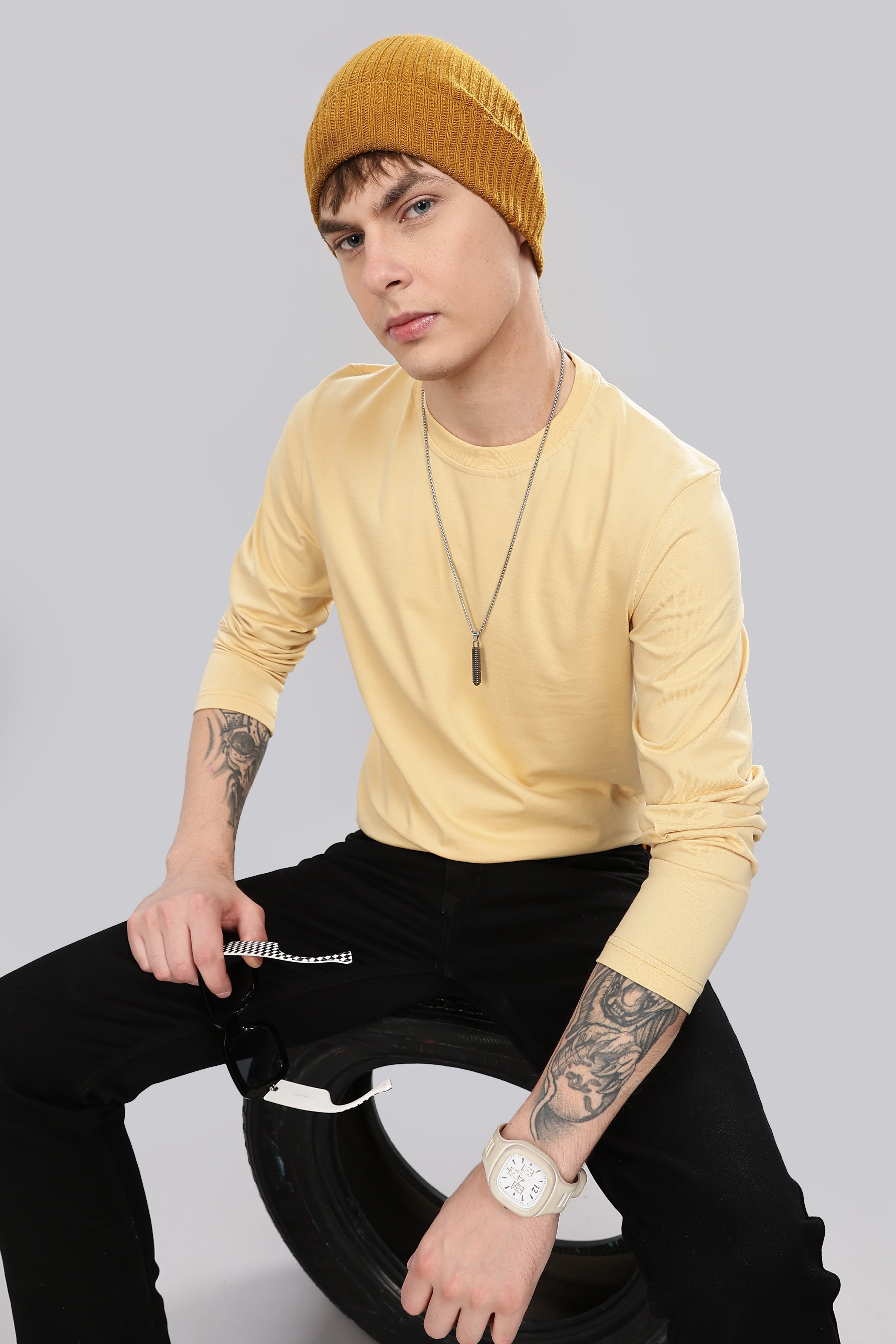 Cream Long Sleeve Crew Neck T-Shirt