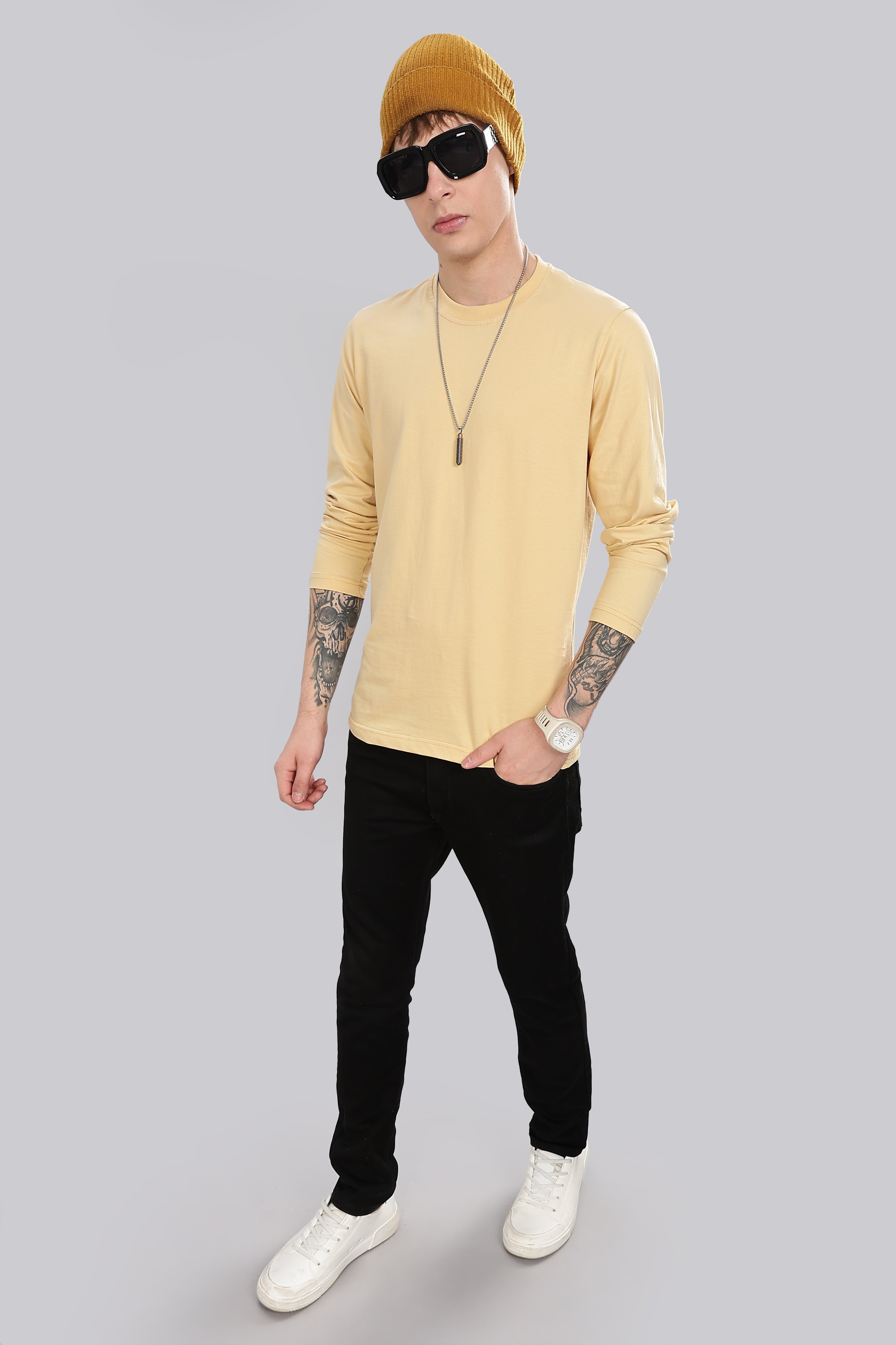 Cream Long Sleeve Crew Neck T-Shirt