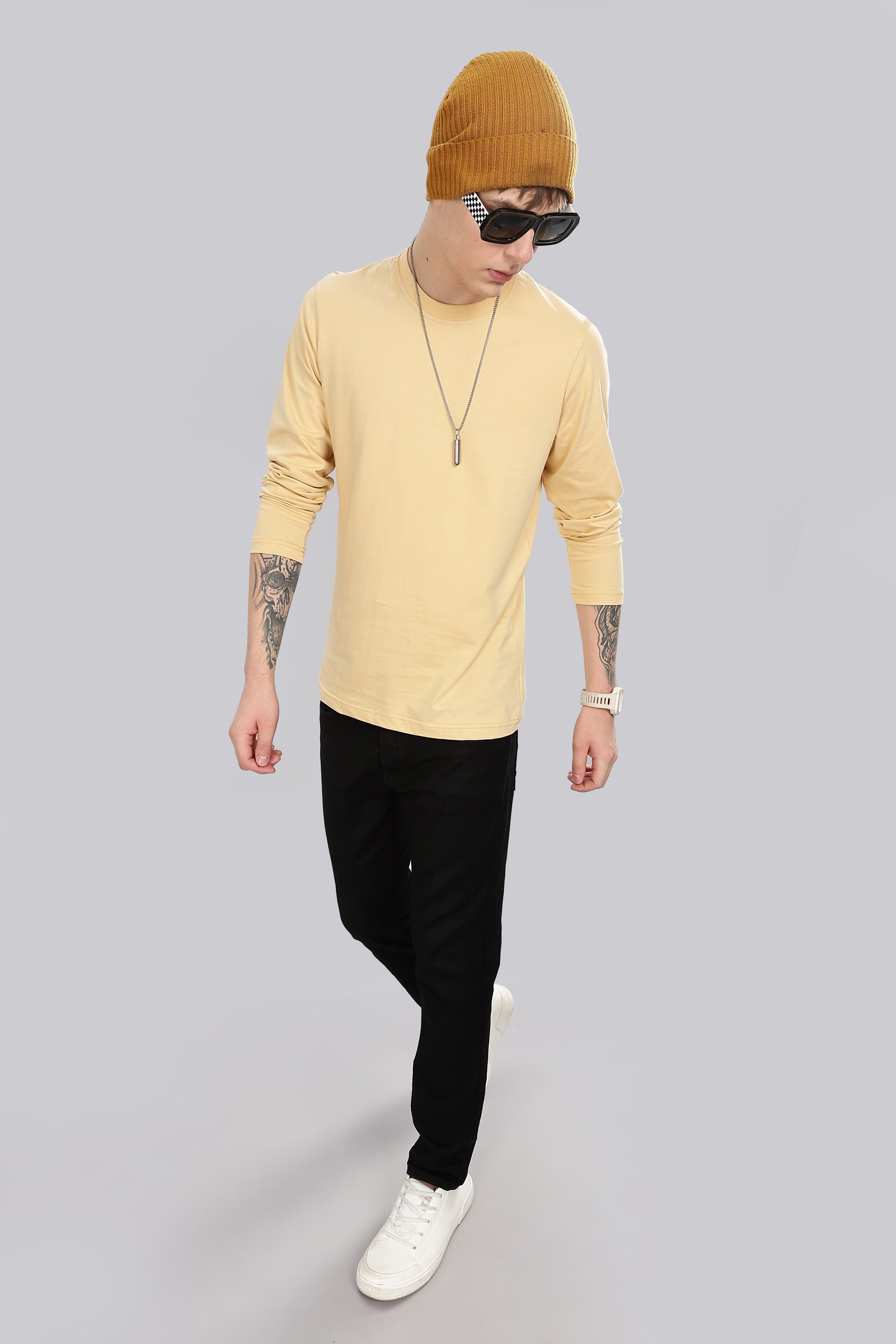 Cream Long Sleeve Crew Neck T-Shirt