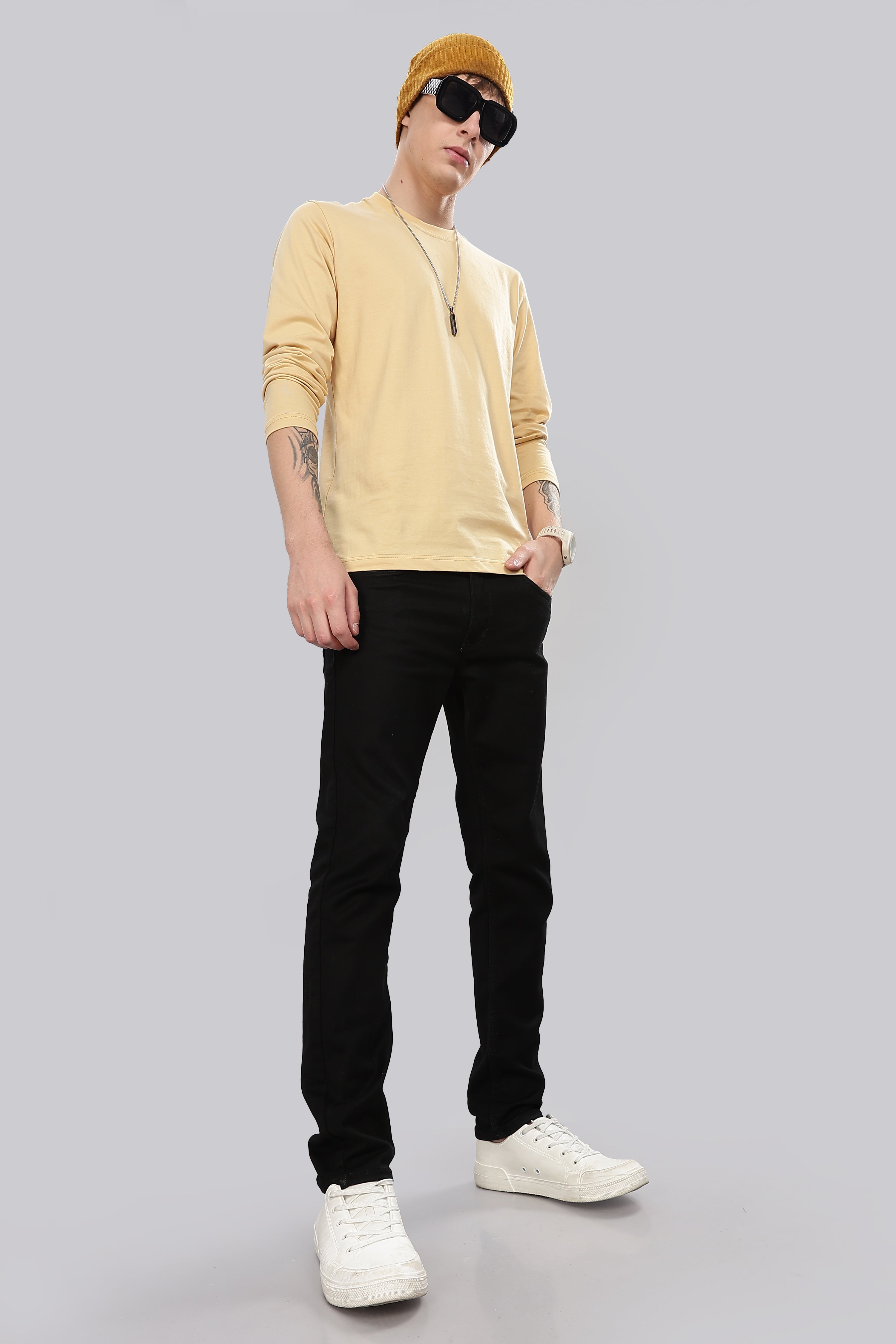 Cream Long Sleeve Crew Neck T-Shirt