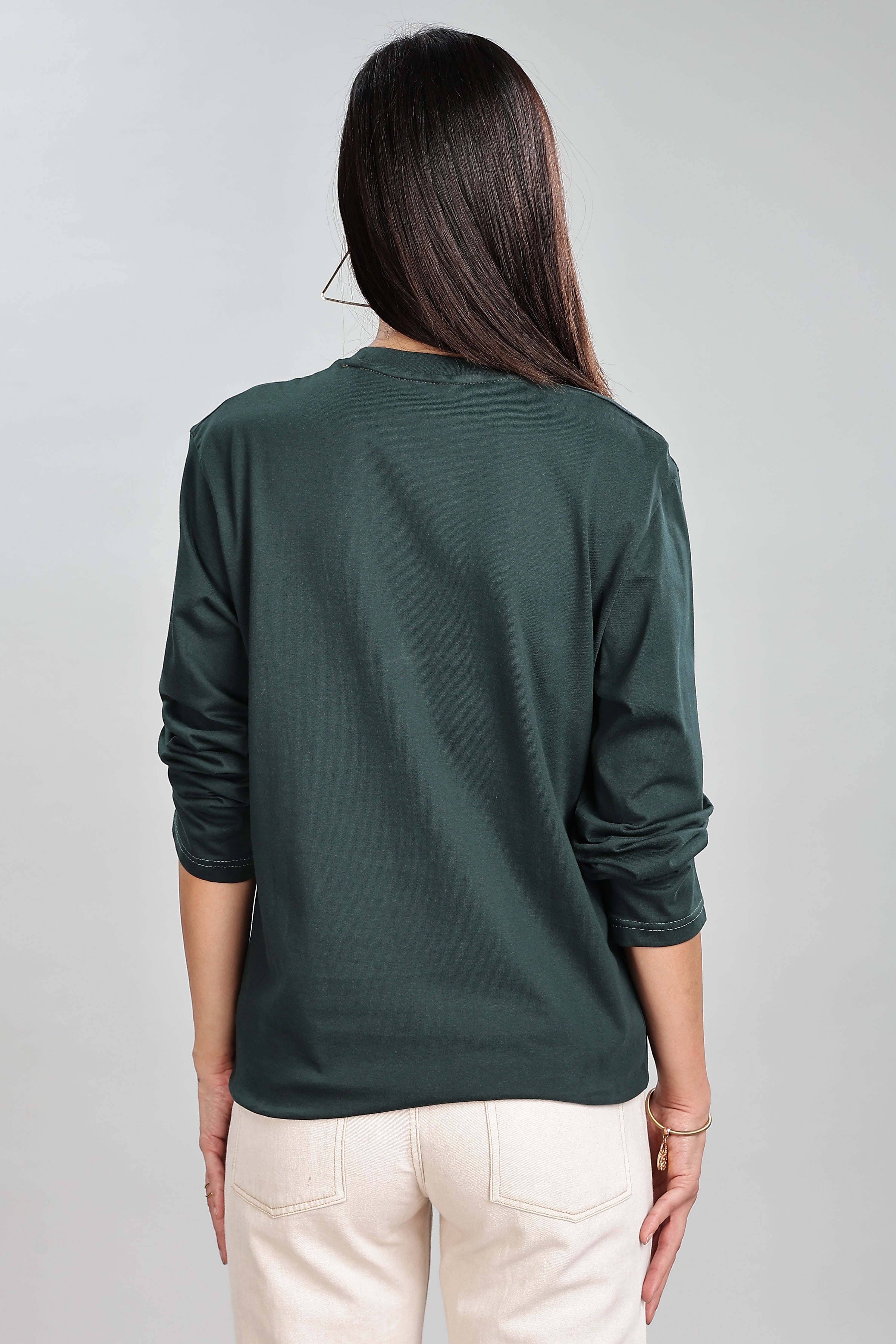 Bottle Green Long Sleeve Rounded Neck T-Shirt