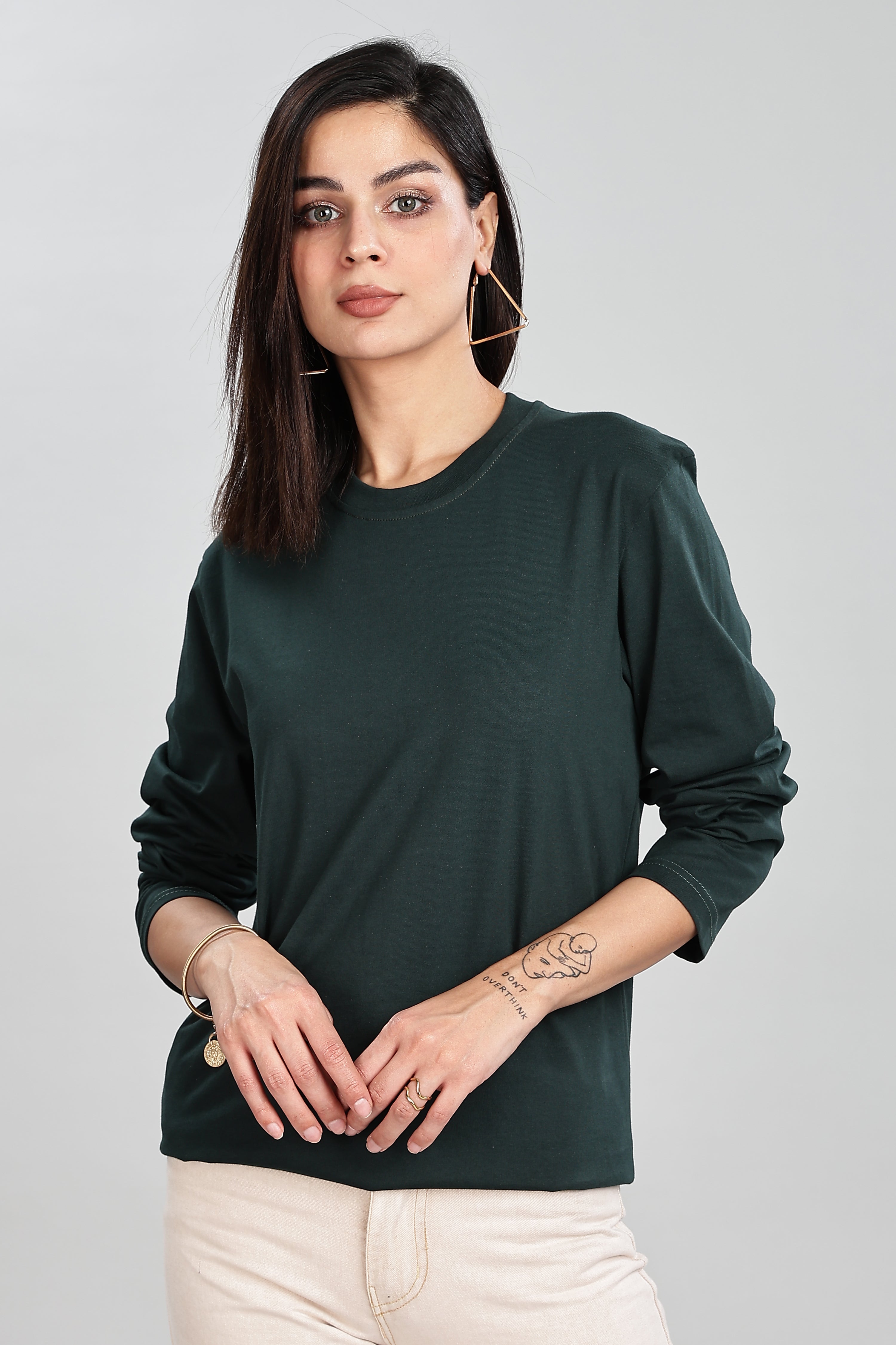Bottle Green Long Sleeve Rounded Neck T-Shirt