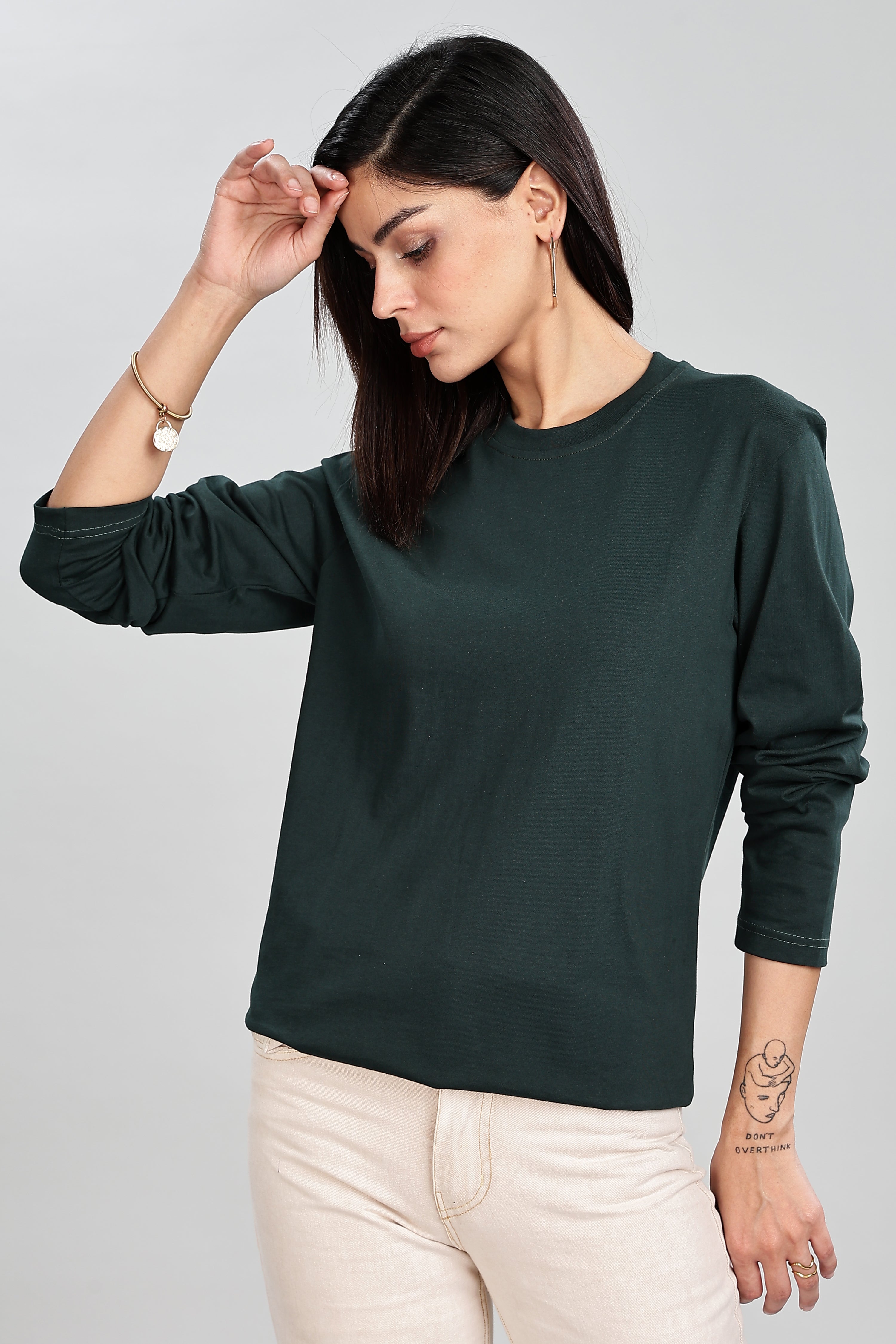 Bottle Green Long Sleeve Rounded Neck T-Shirt