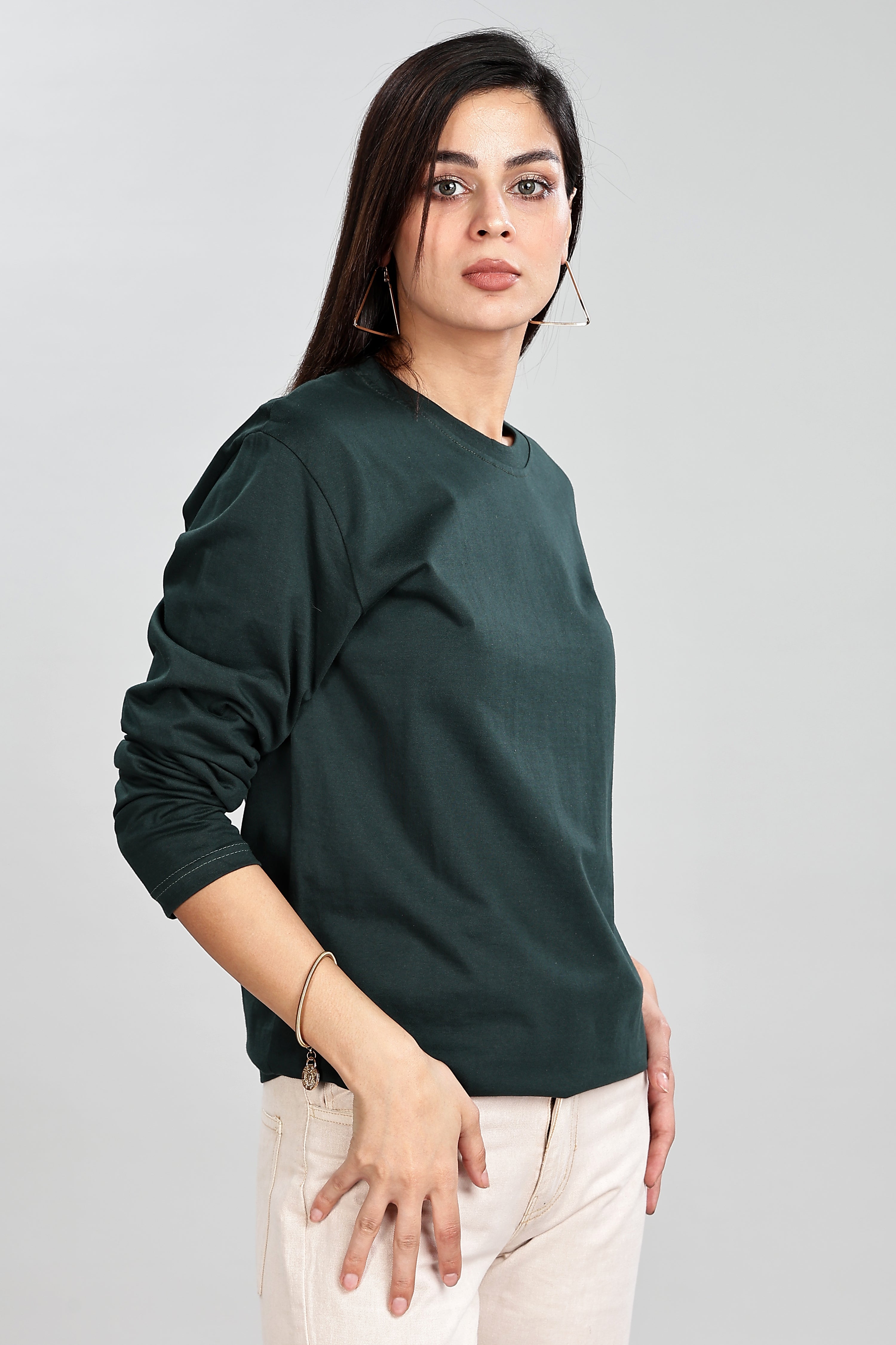 Bottle Green Long Sleeve Rounded Neck T-Shirt
