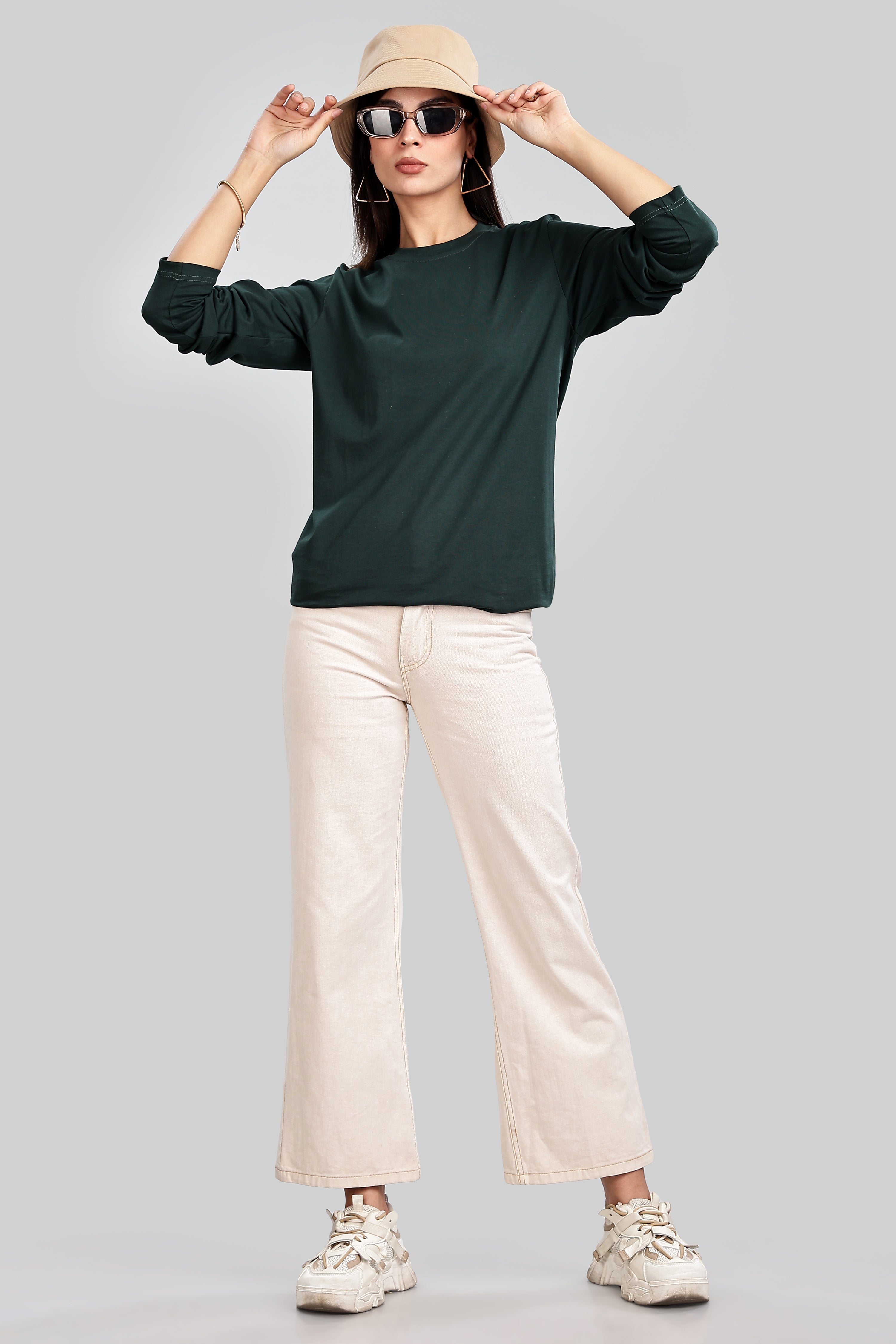 Bottle Green Long Sleeve Rounded Neck T-Shirt