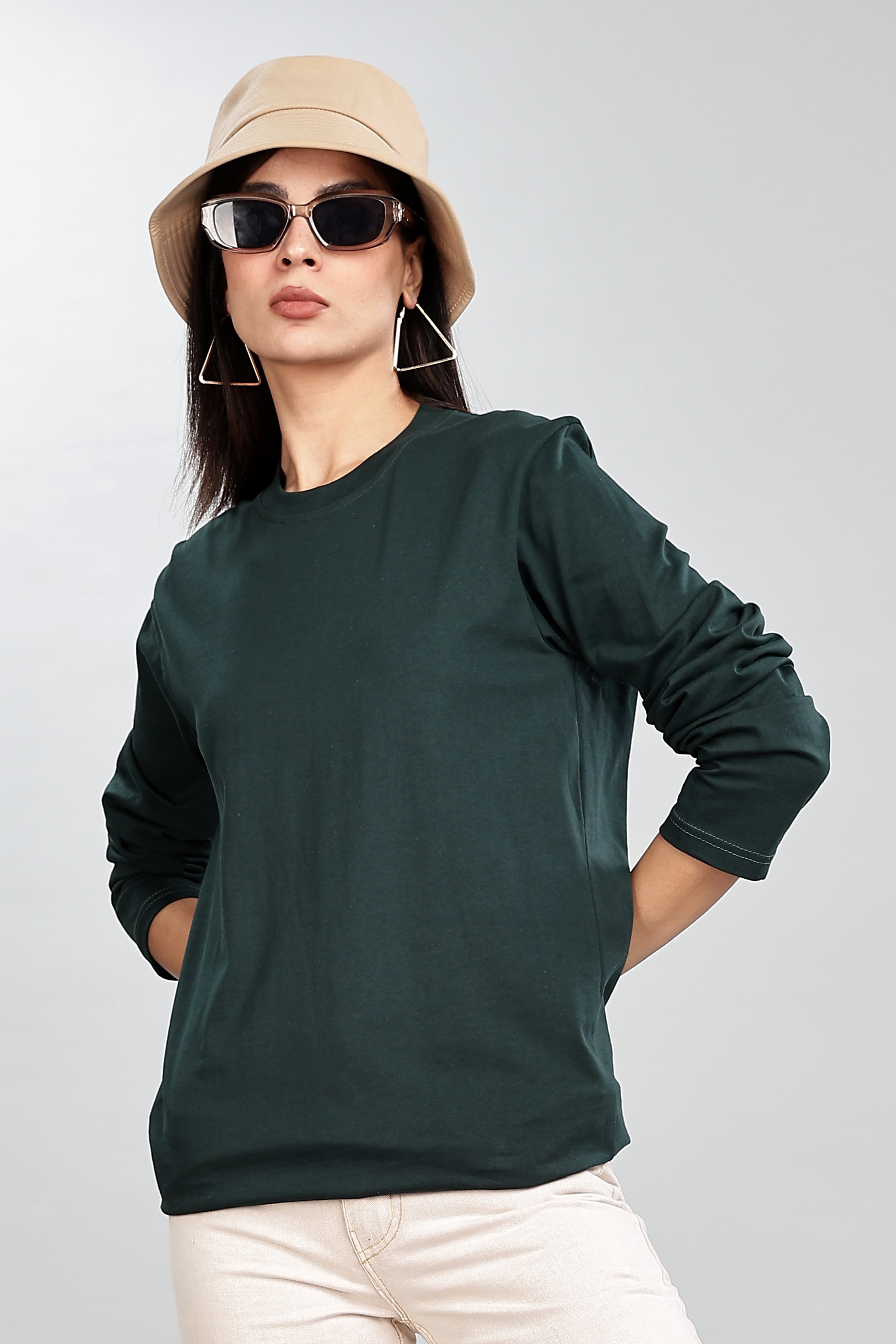 Bottle Green Long Sleeve Rounded Neck T-Shirt