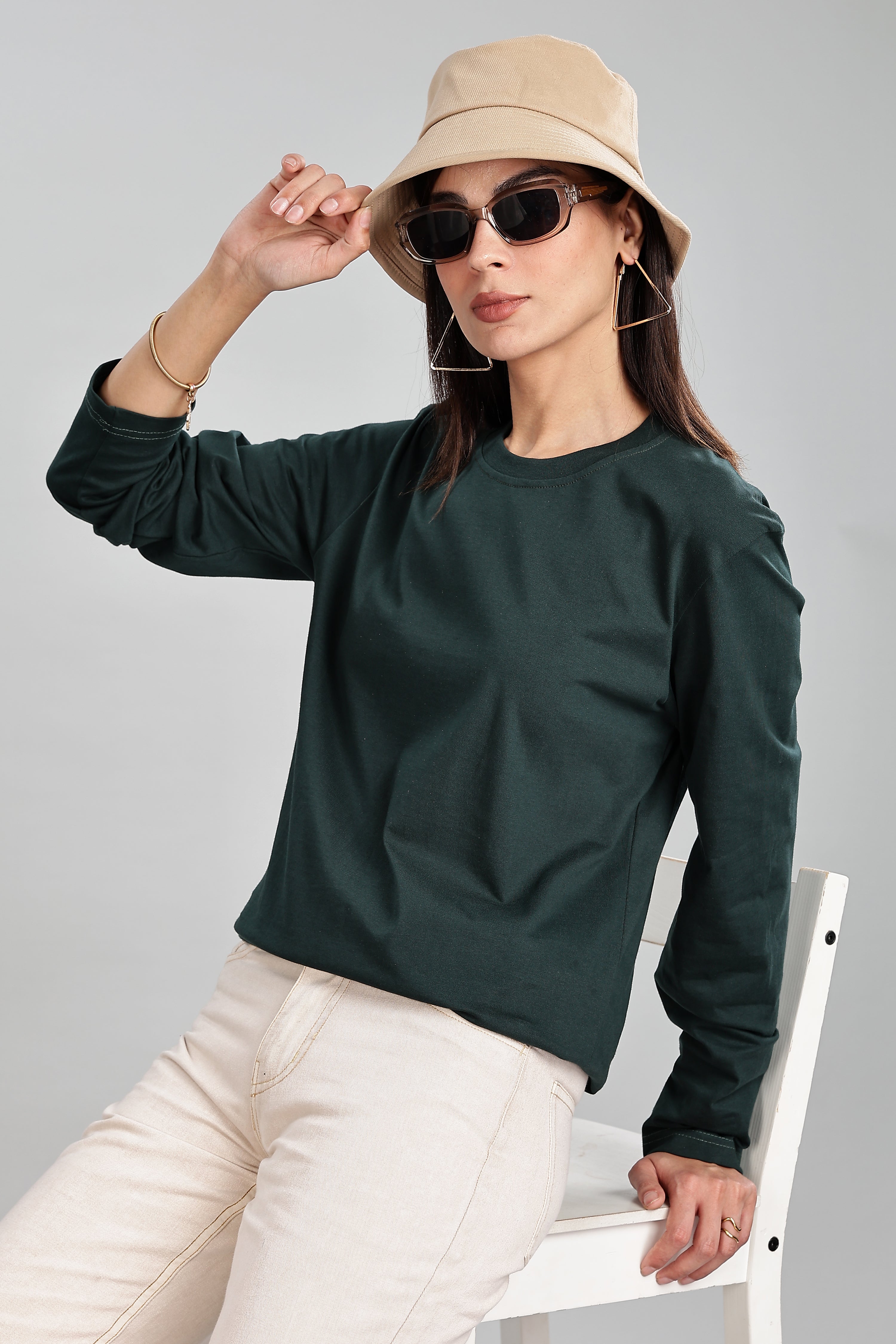 Bottle Green Long Sleeve Rounded Neck T-Shirt
