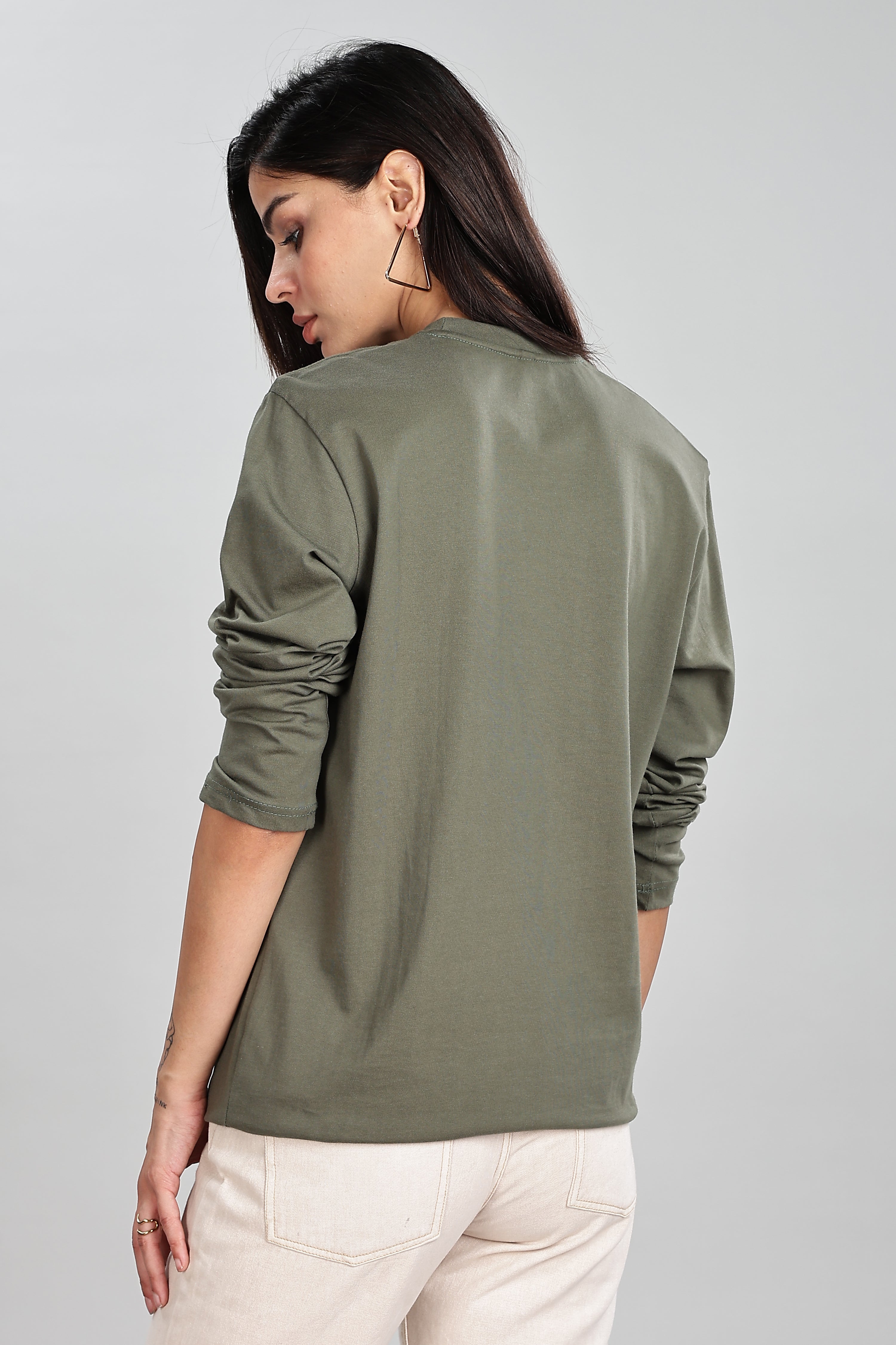 Olive Green Long Sleeve Rounded Neck T-Shirt