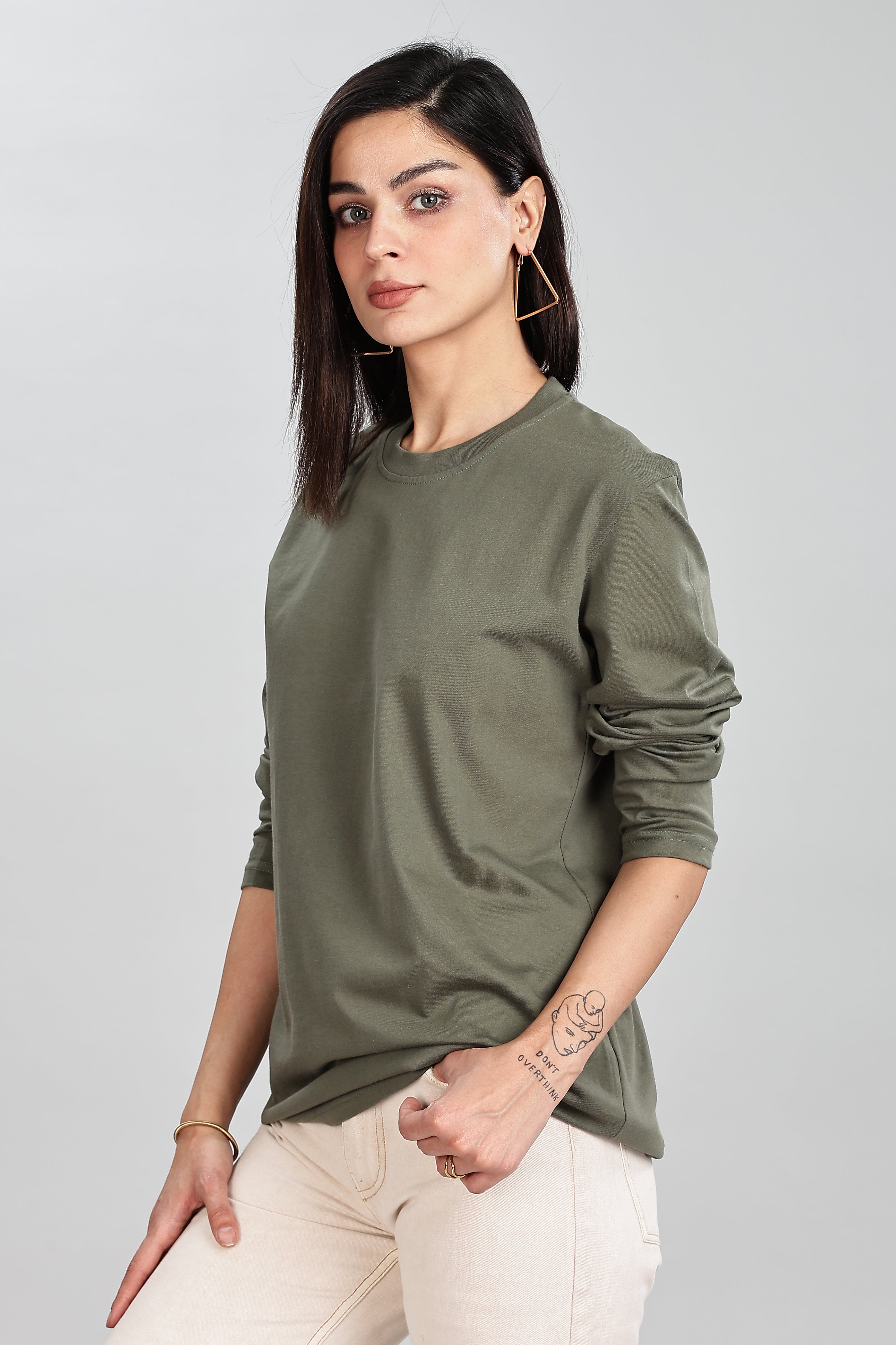 Olive Green Long Sleeve Rounded Neck T-Shirt