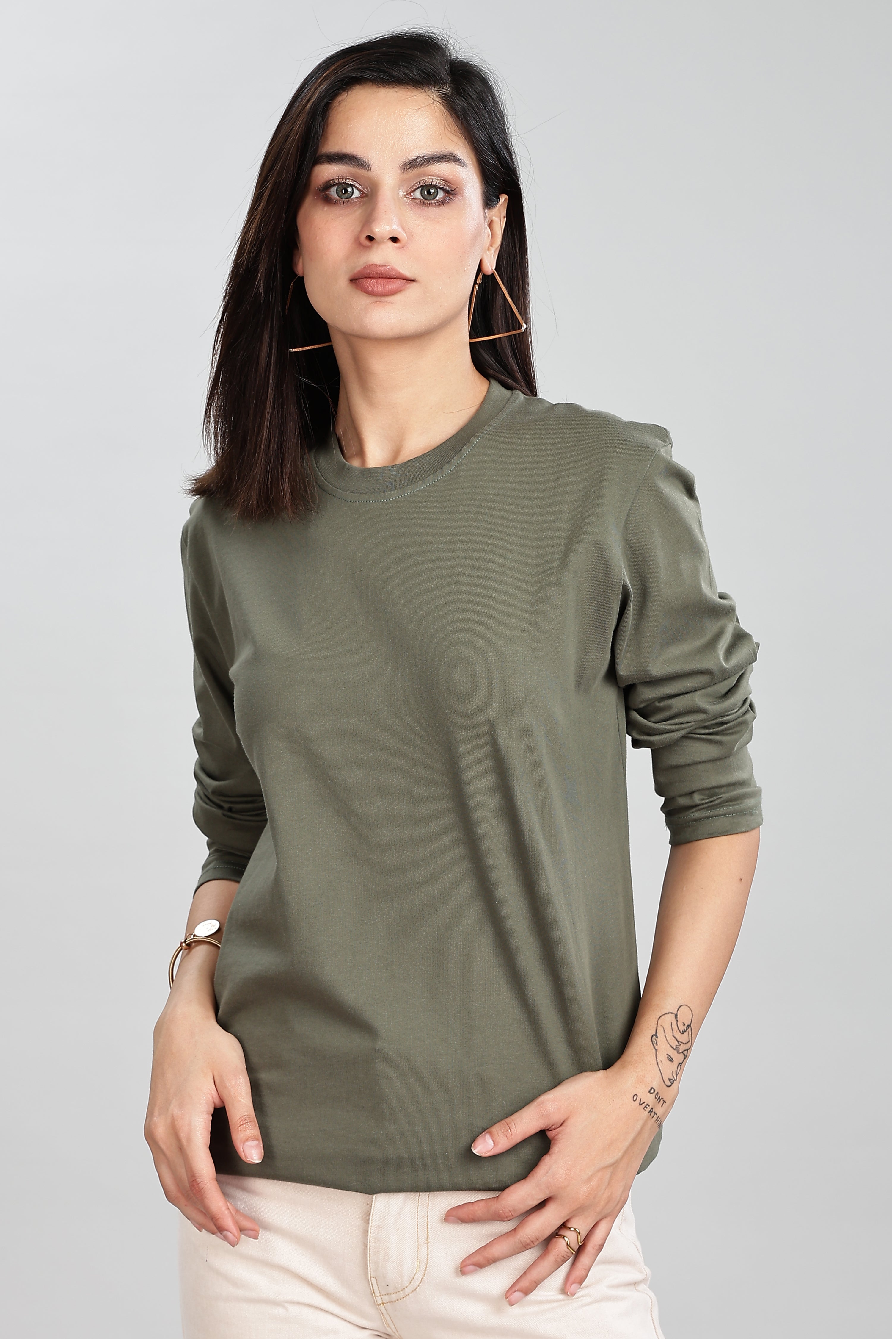 Olive Green Long Sleeve Rounded Neck T-Shirt