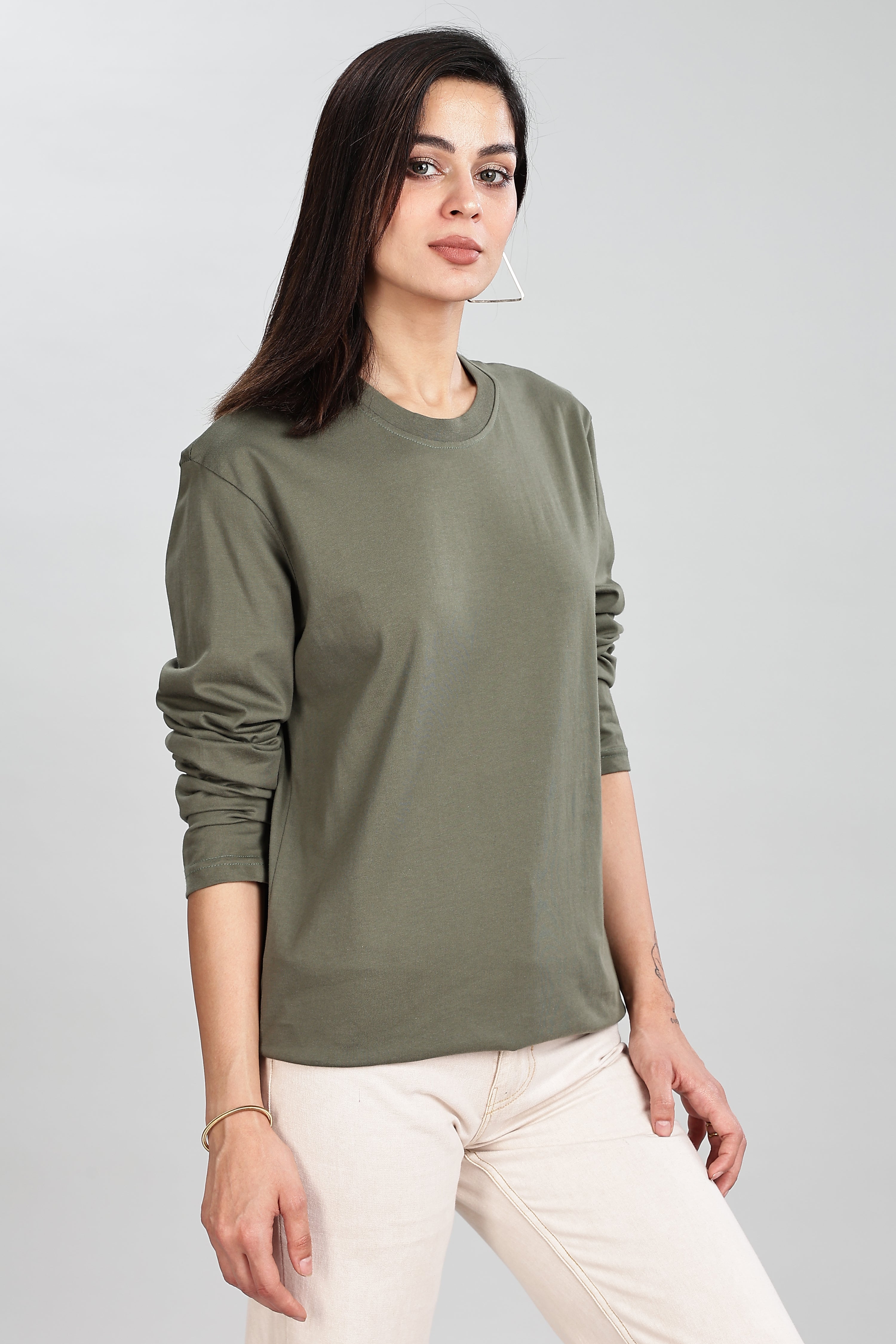 Olive Green Long Sleeve Rounded Neck T-Shirt