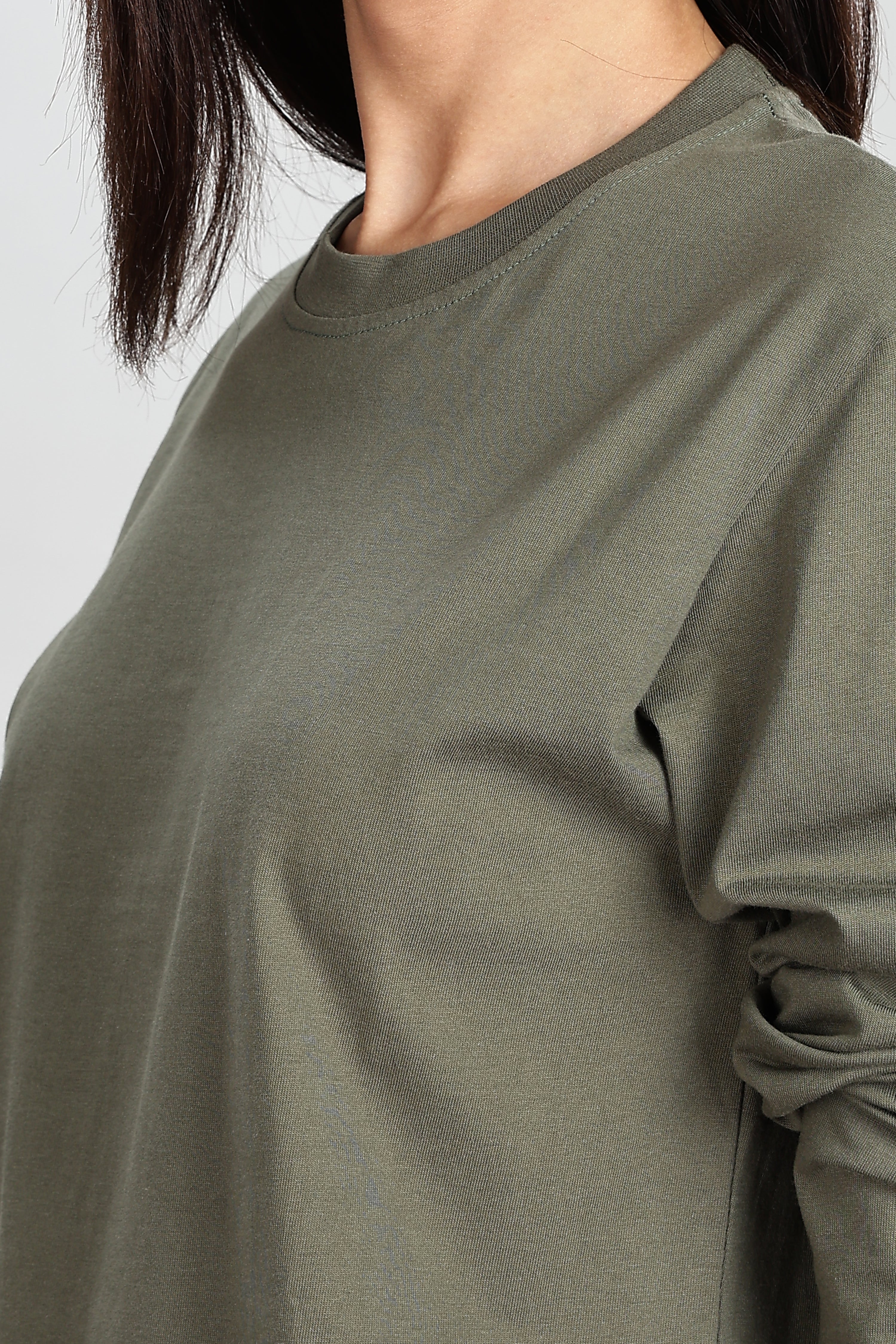 Olive Green Long Sleeve Rounded Neck T-Shirt