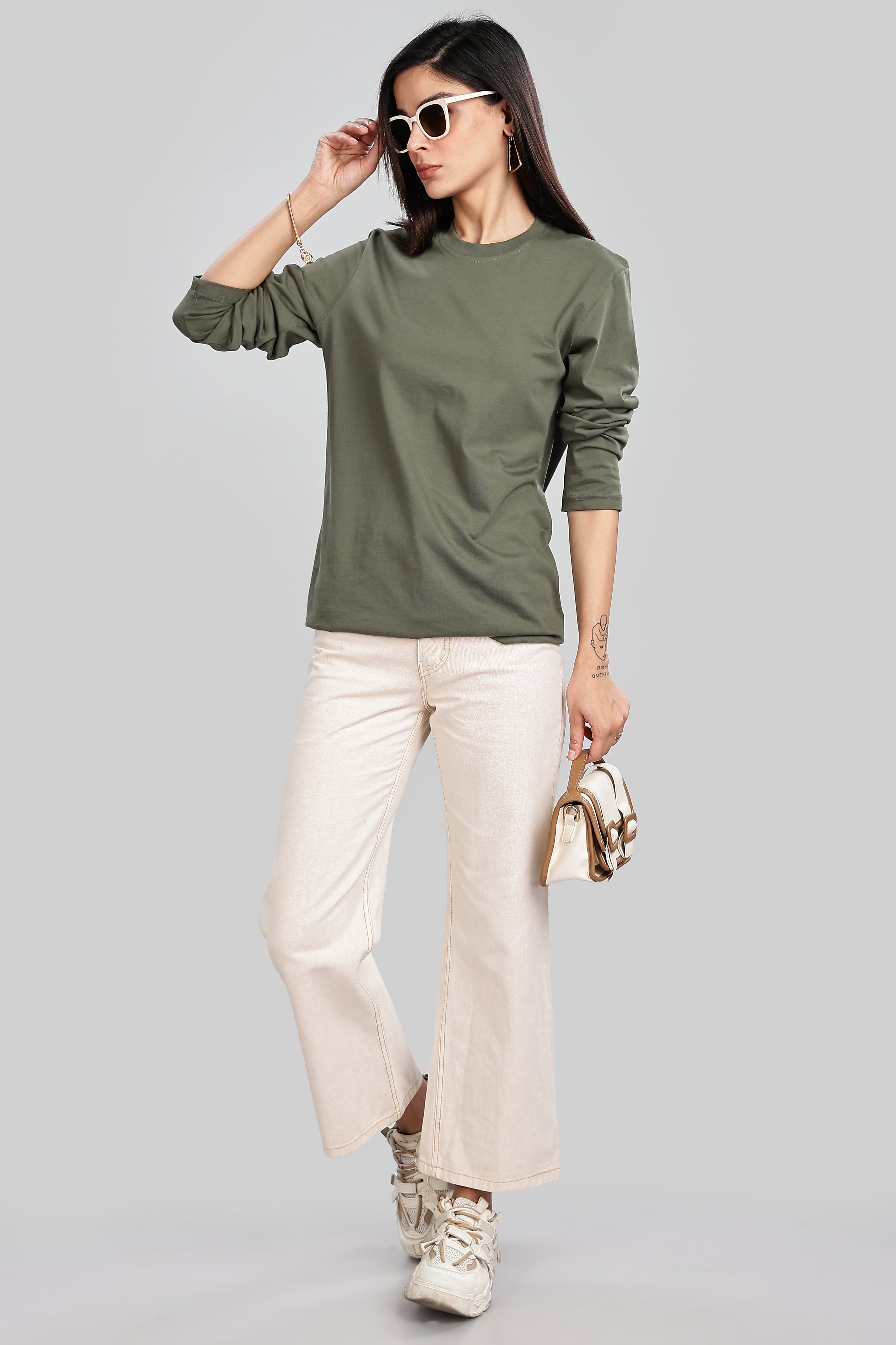 Olive Green Long Sleeve Rounded Neck T-Shirt