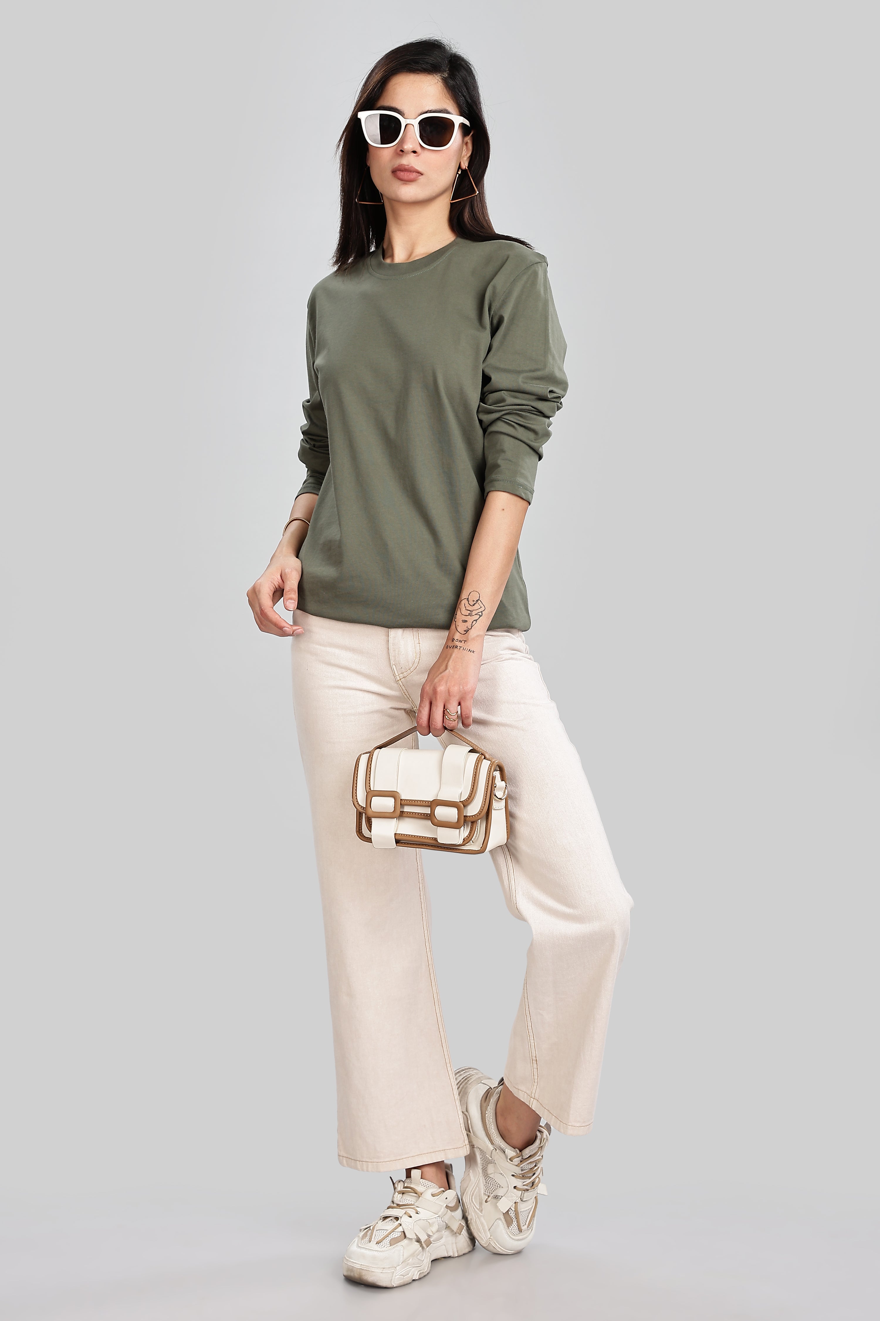 Olive Green Long Sleeve Rounded Neck T-Shirt