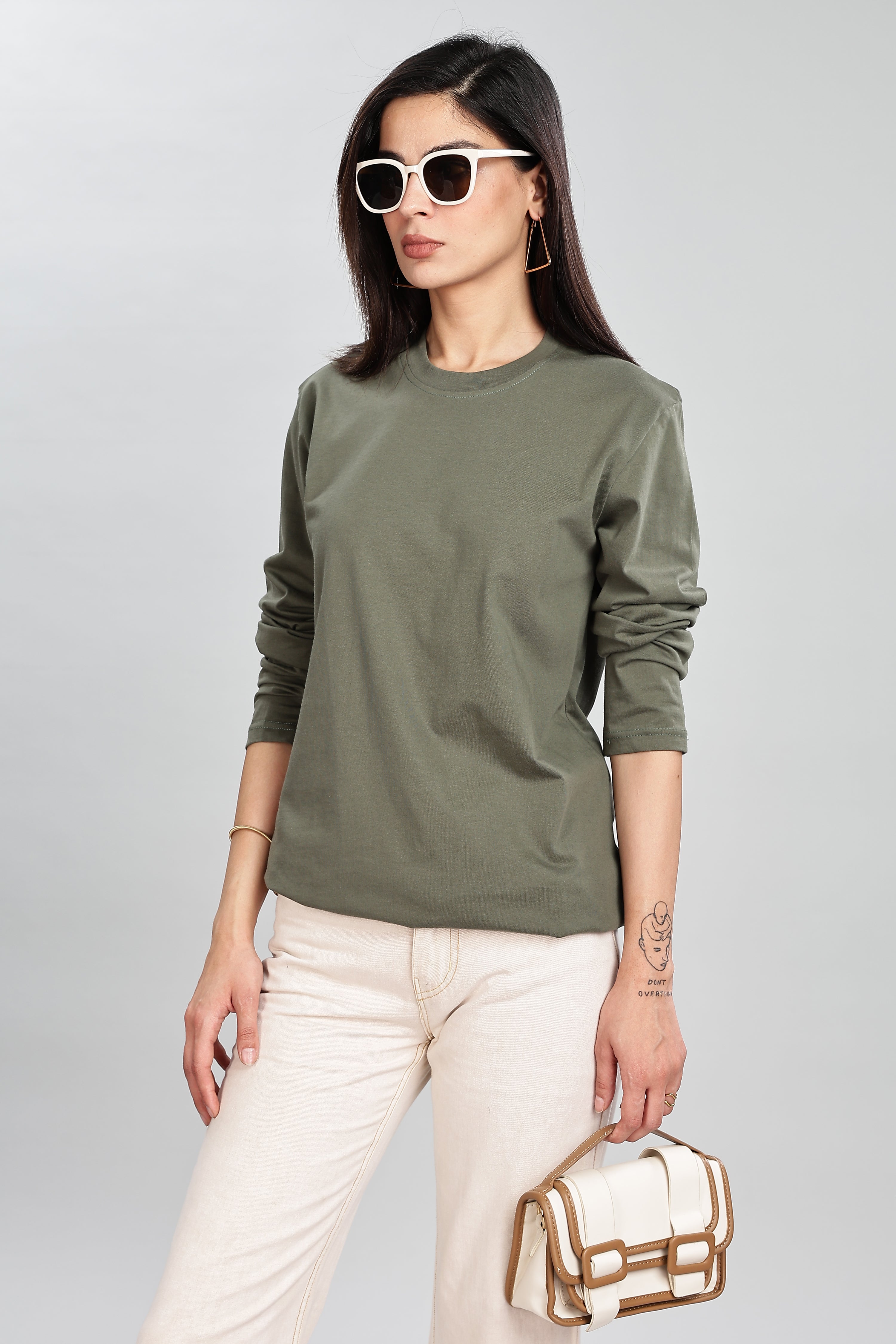 Olive Green Long Sleeve Rounded Neck T-Shirt