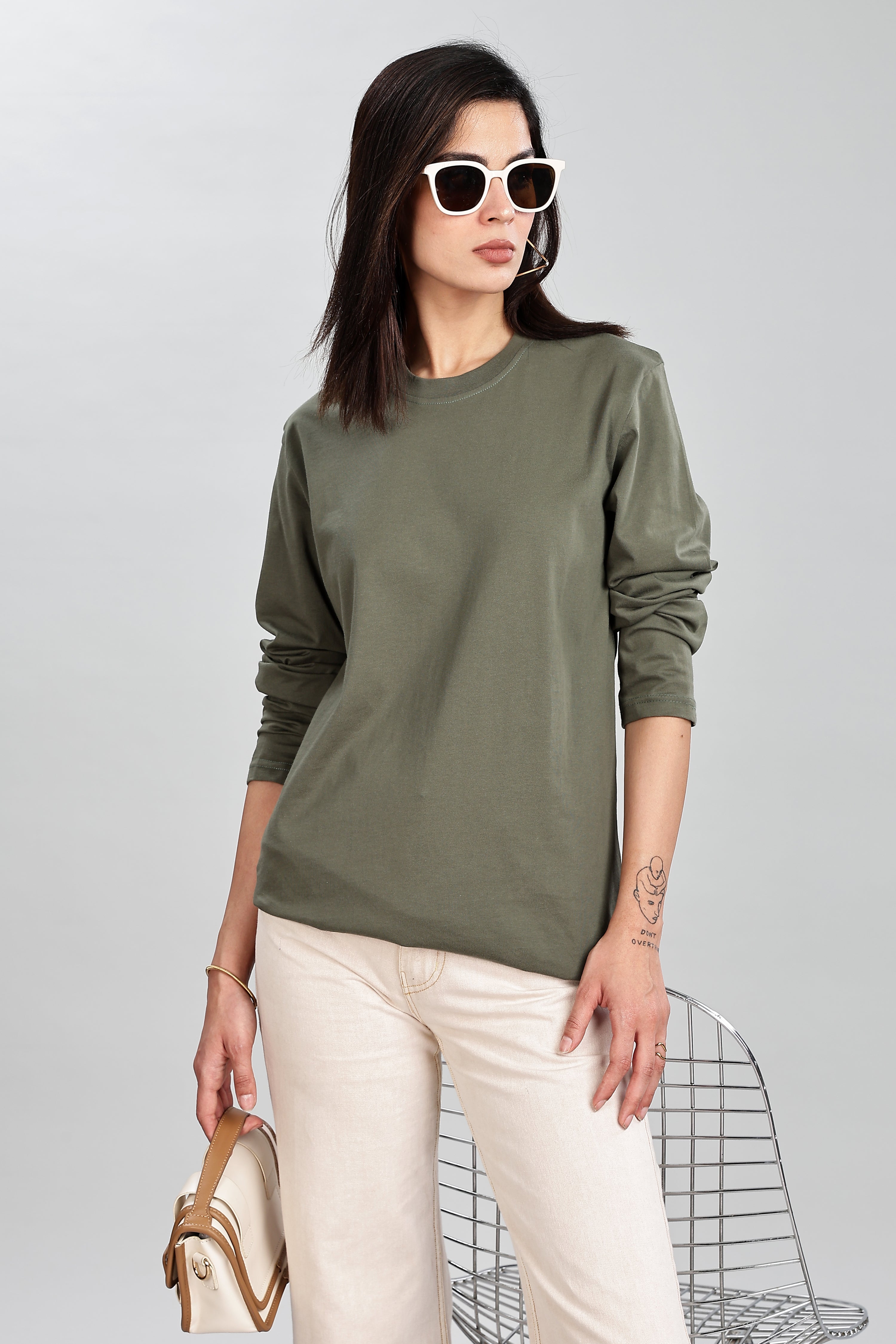 Olive Green Long Sleeve Rounded Neck T-Shirt