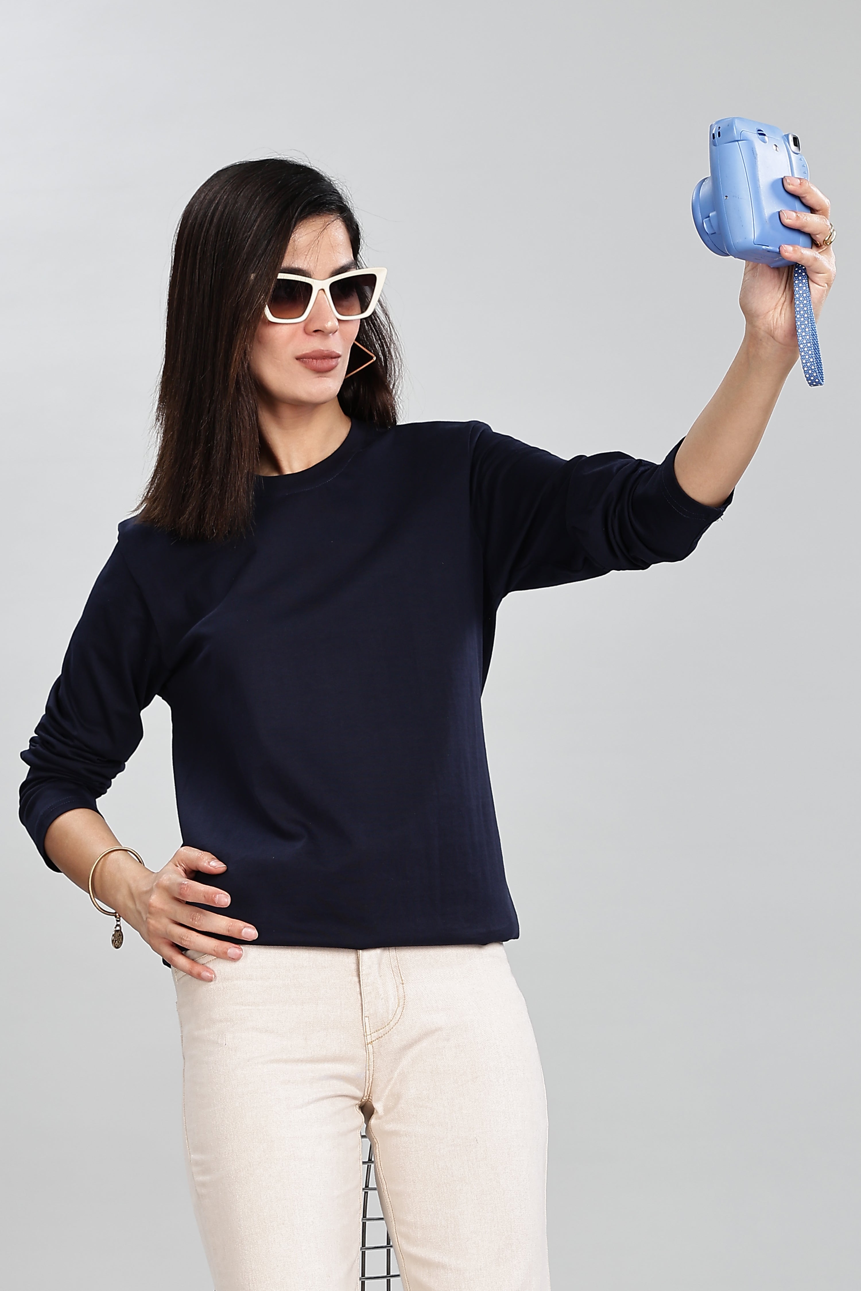 Navy Blue Long Sleeve Rounded Neck T-Shirt