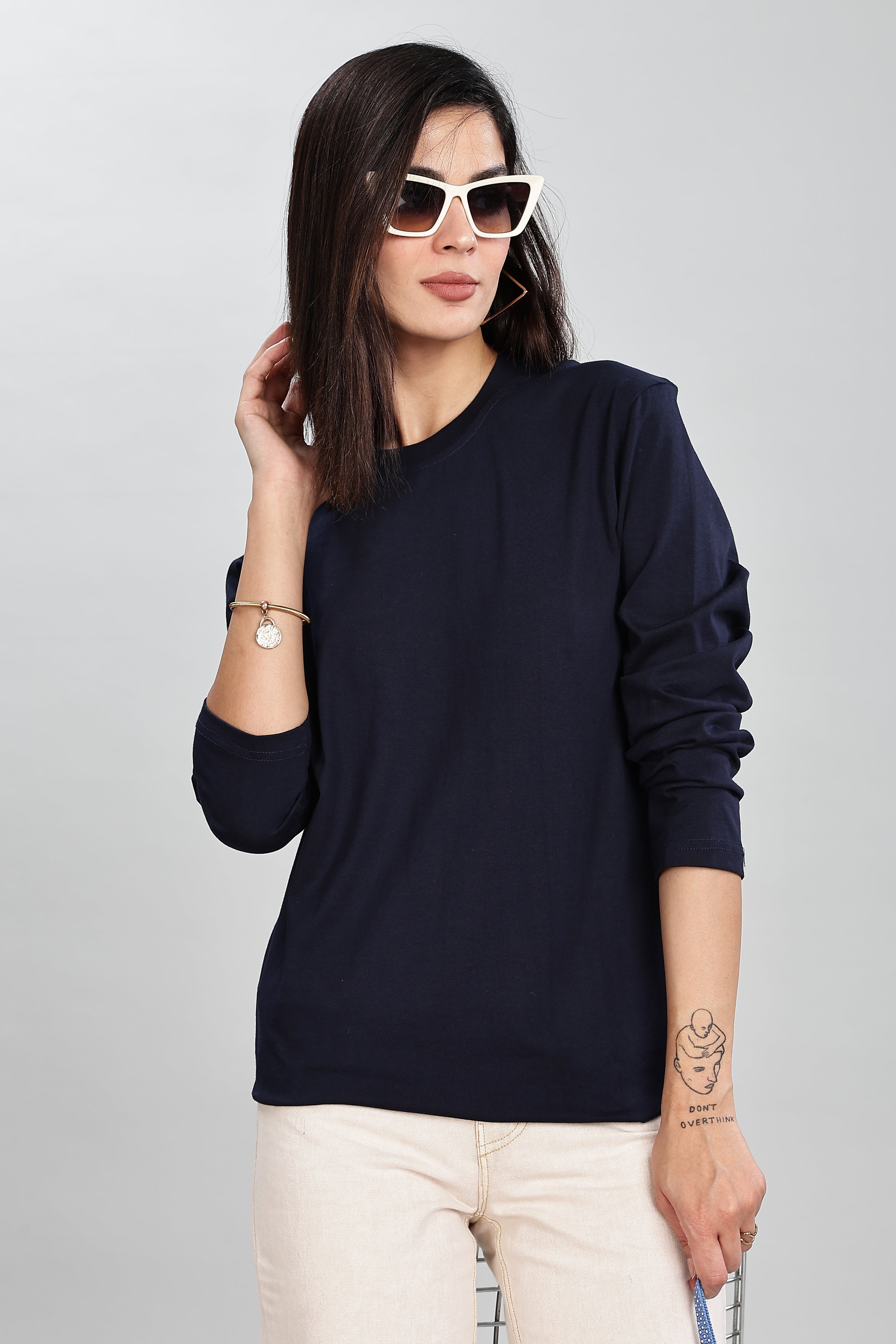 Navy Blue Long Sleeve Rounded Neck T-Shirt