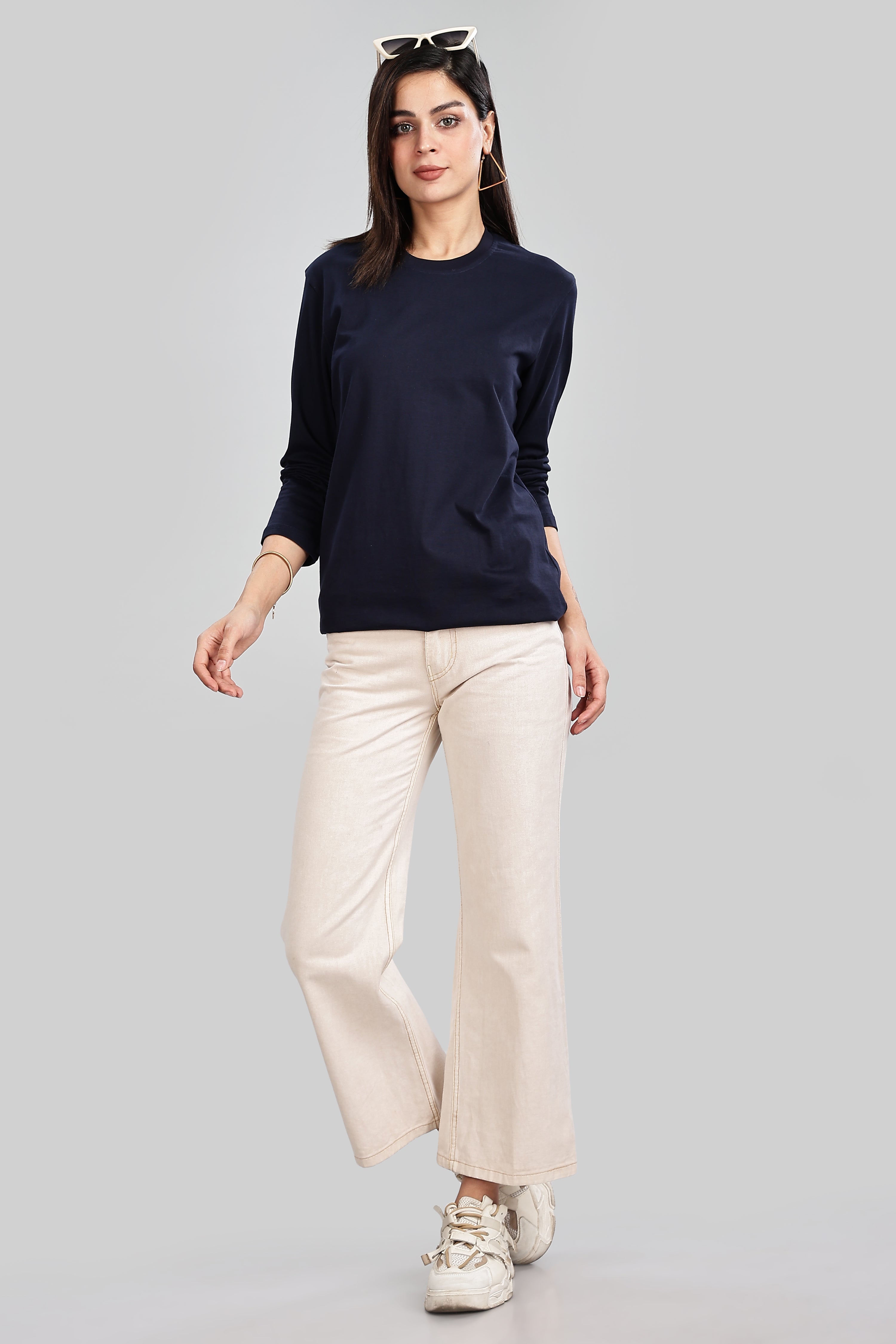 Navy Blue Long Sleeve Rounded Neck T-Shirt