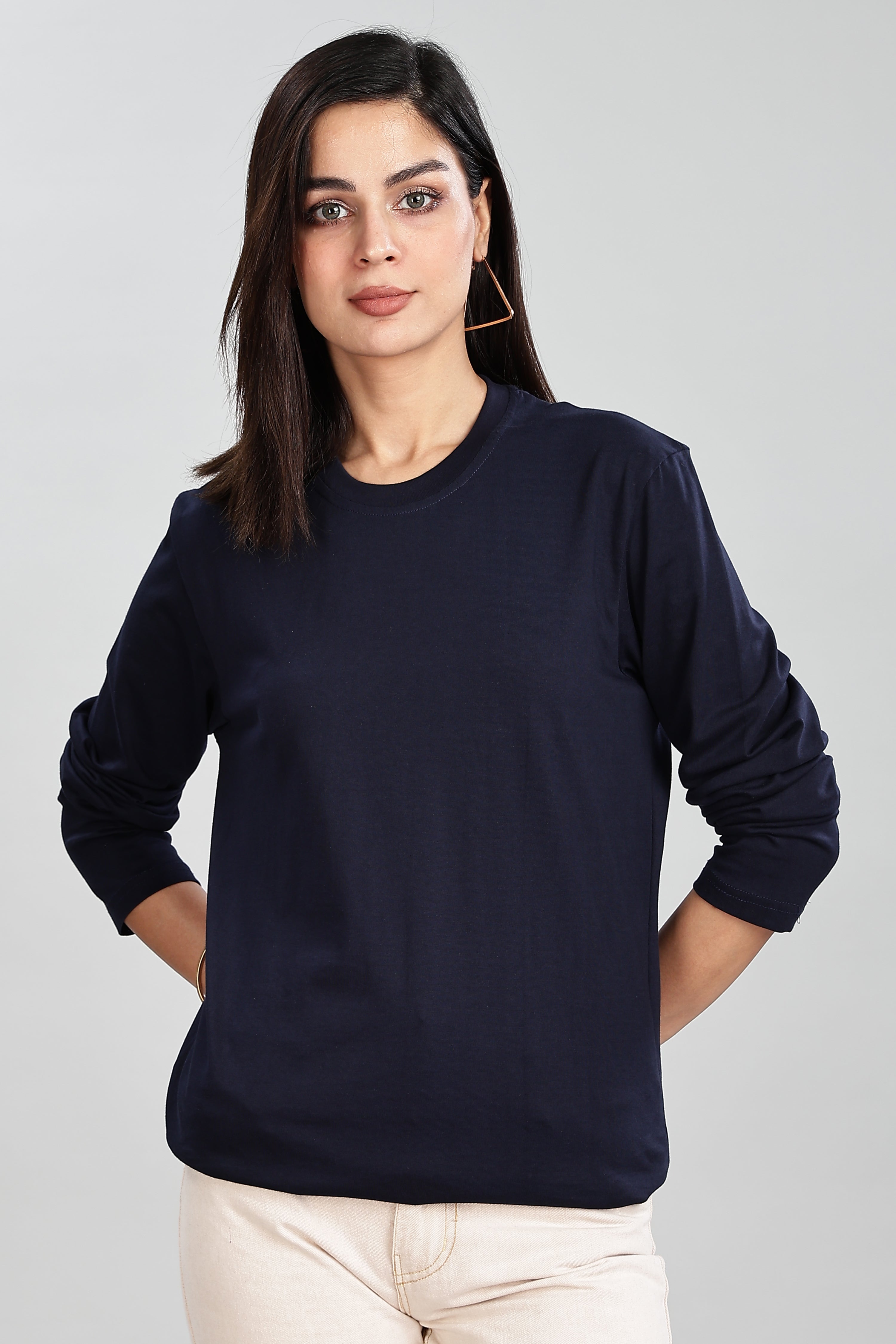 Navy Blue Long Sleeve Rounded Neck T-Shirt