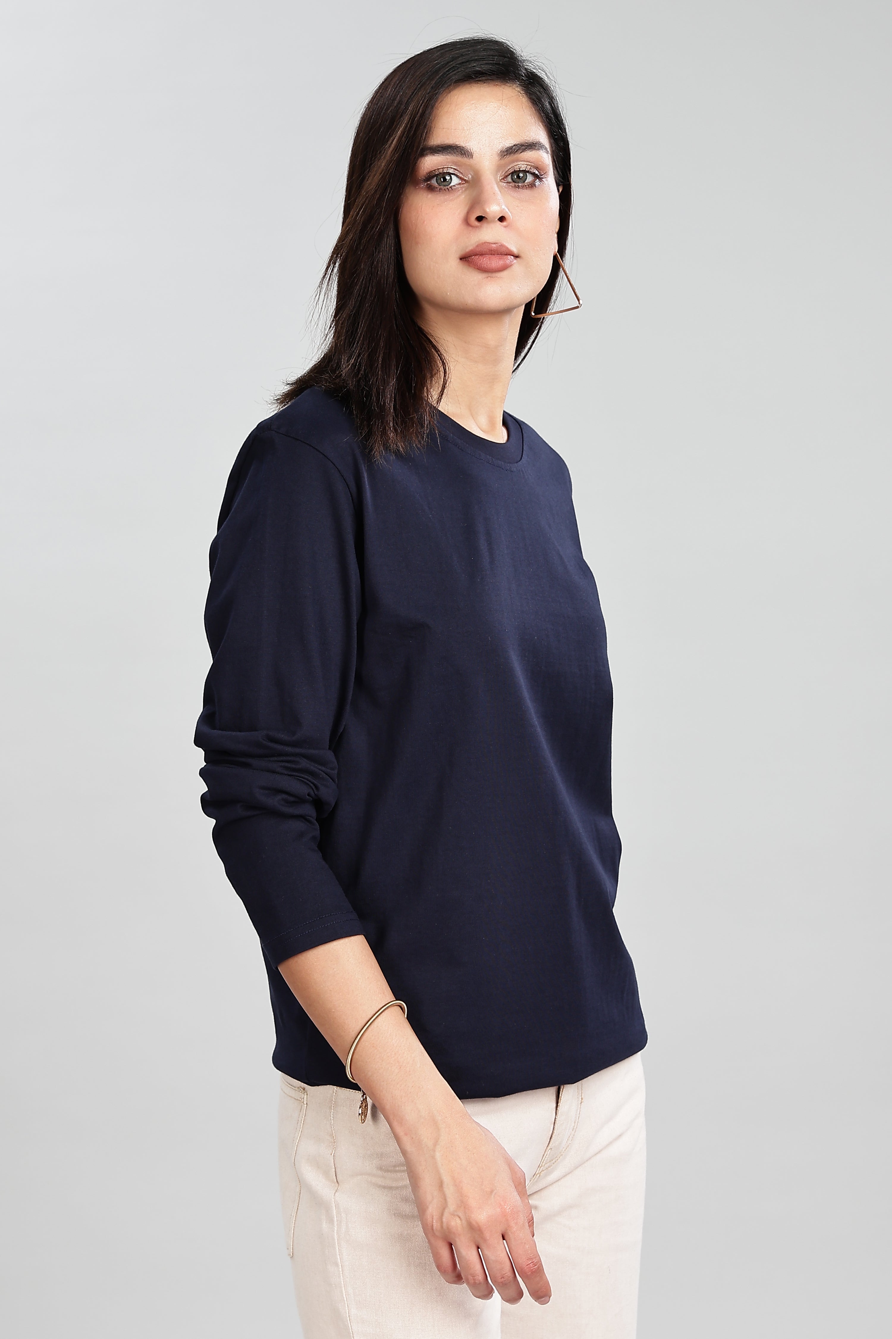 Navy Blue Long Sleeve Rounded Neck T-Shirt