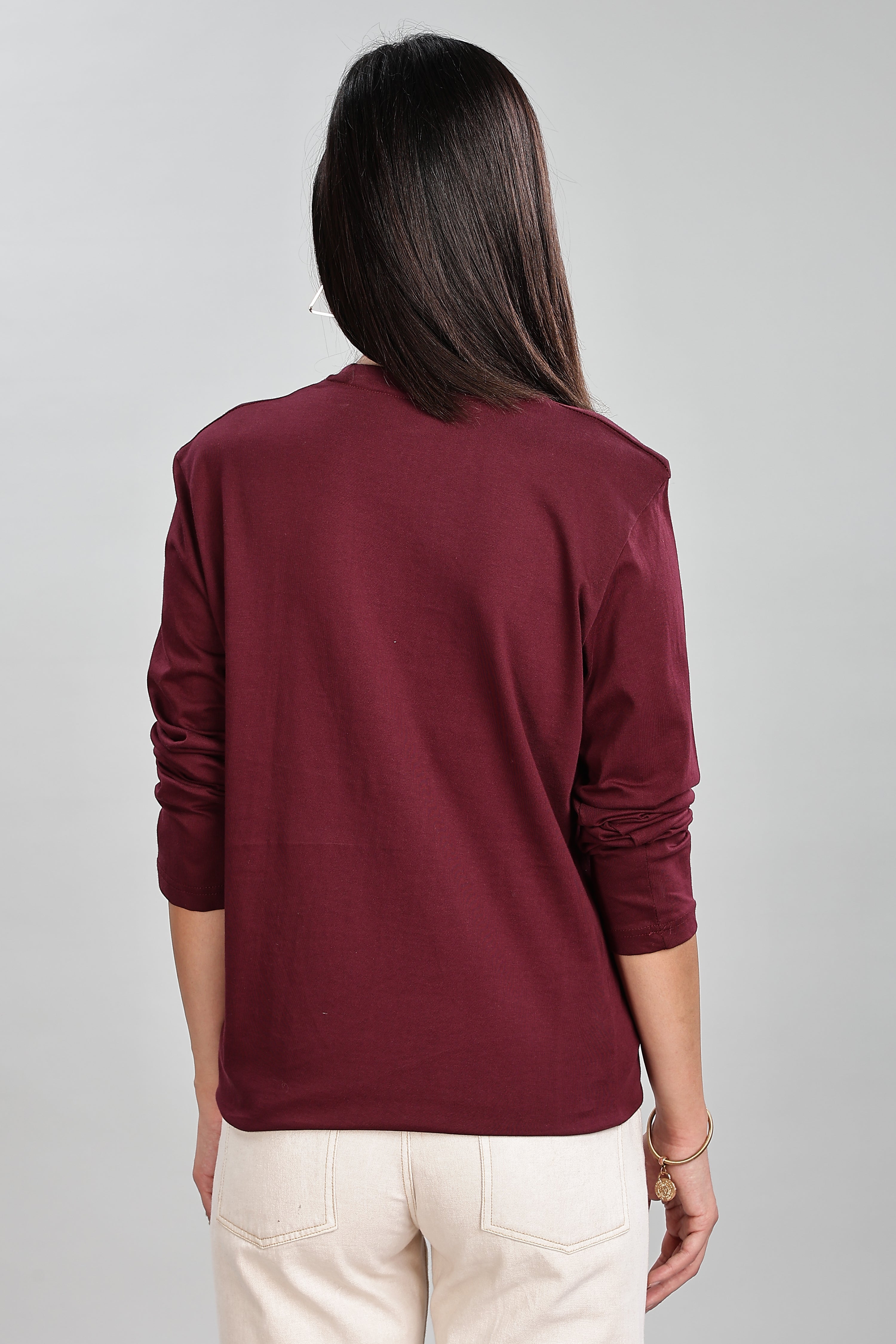 Burgundy Long Sleeve Rounded Neck T-Shirt