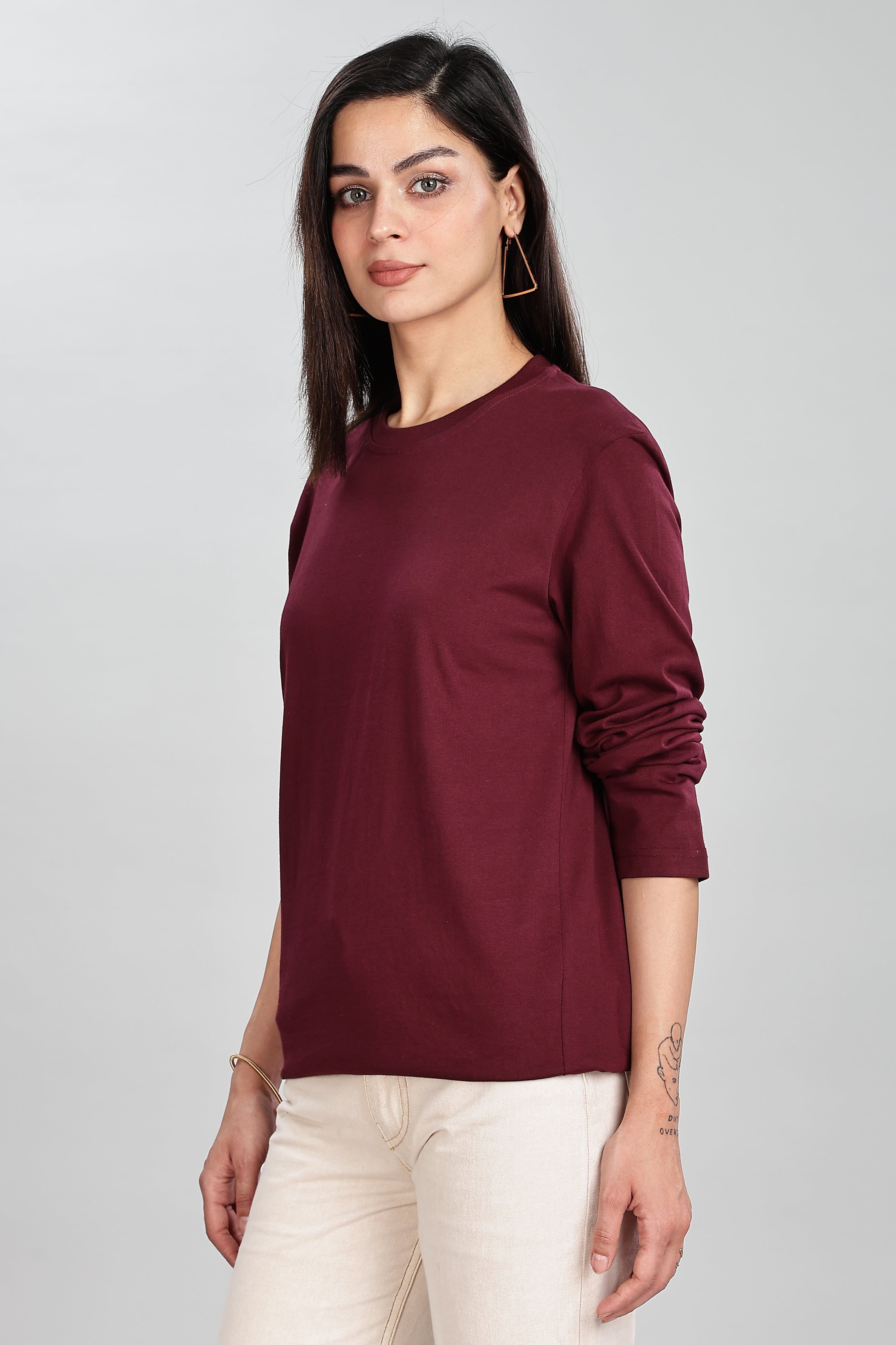 Burgundy Long Sleeve Rounded Neck T-Shirt