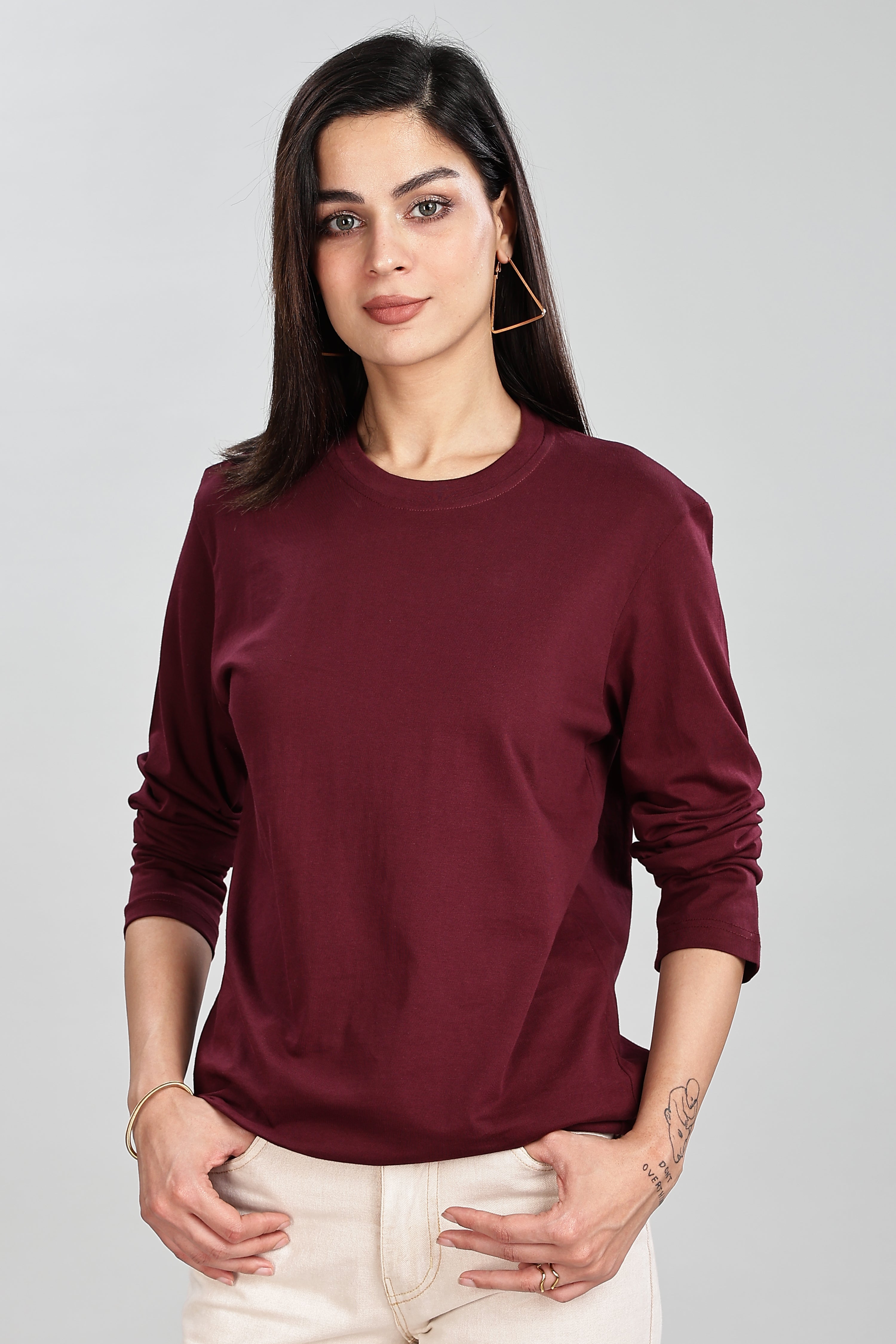 Burgundy Long Sleeve Rounded Neck T-Shirt