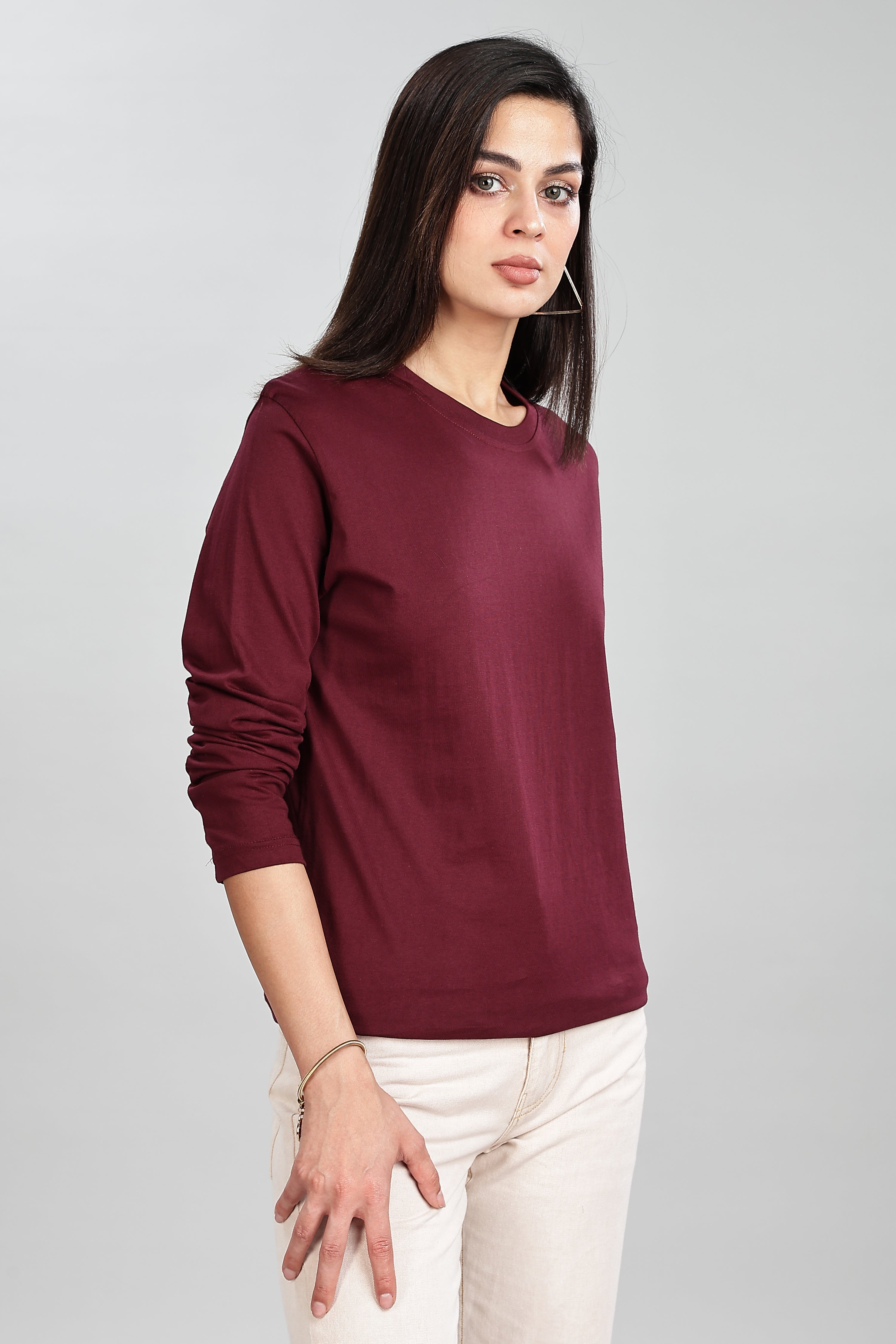 Burgundy Long Sleeve Rounded Neck T-Shirt