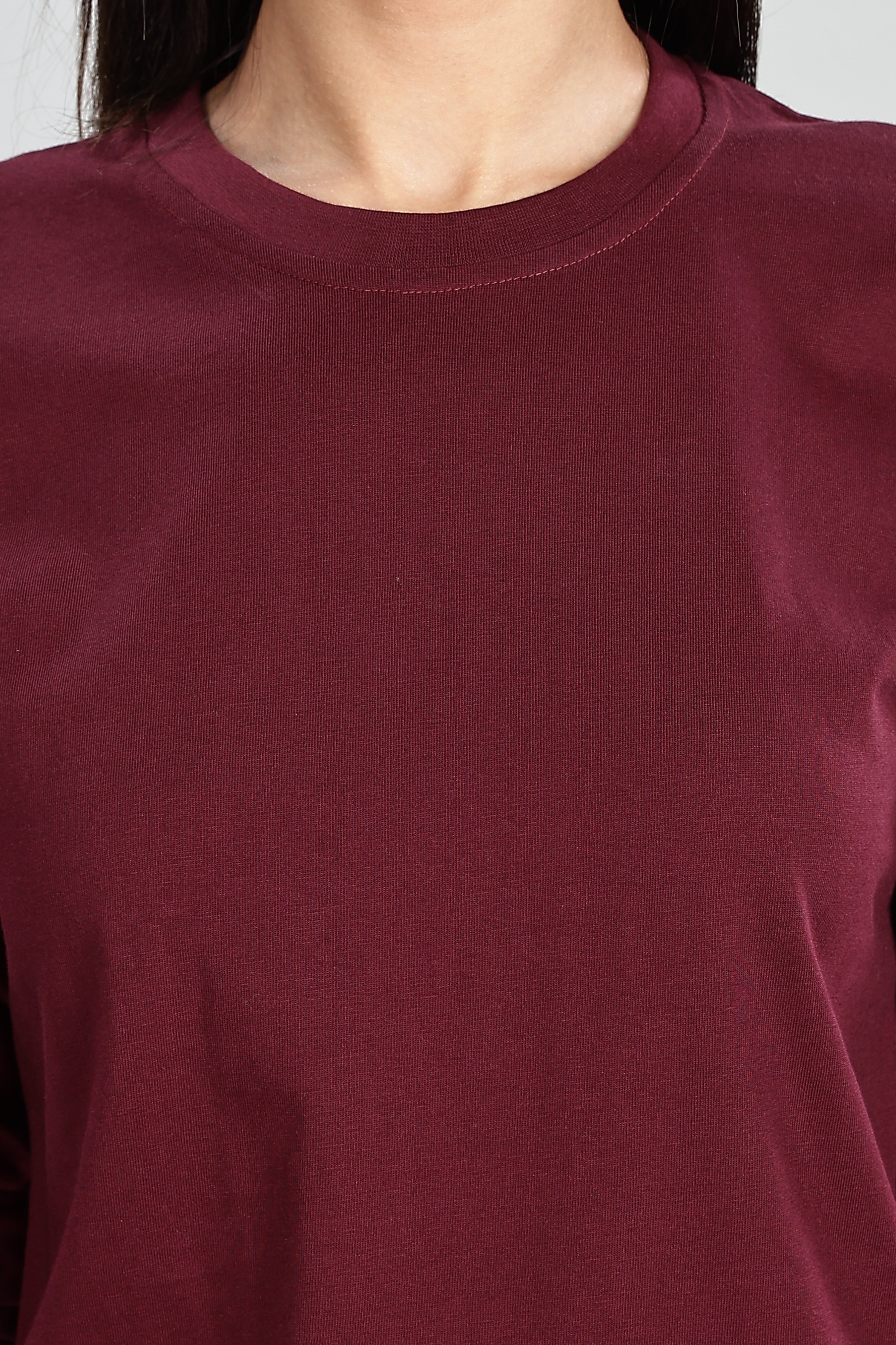 Burgundy Long Sleeve Rounded Neck T-Shirt