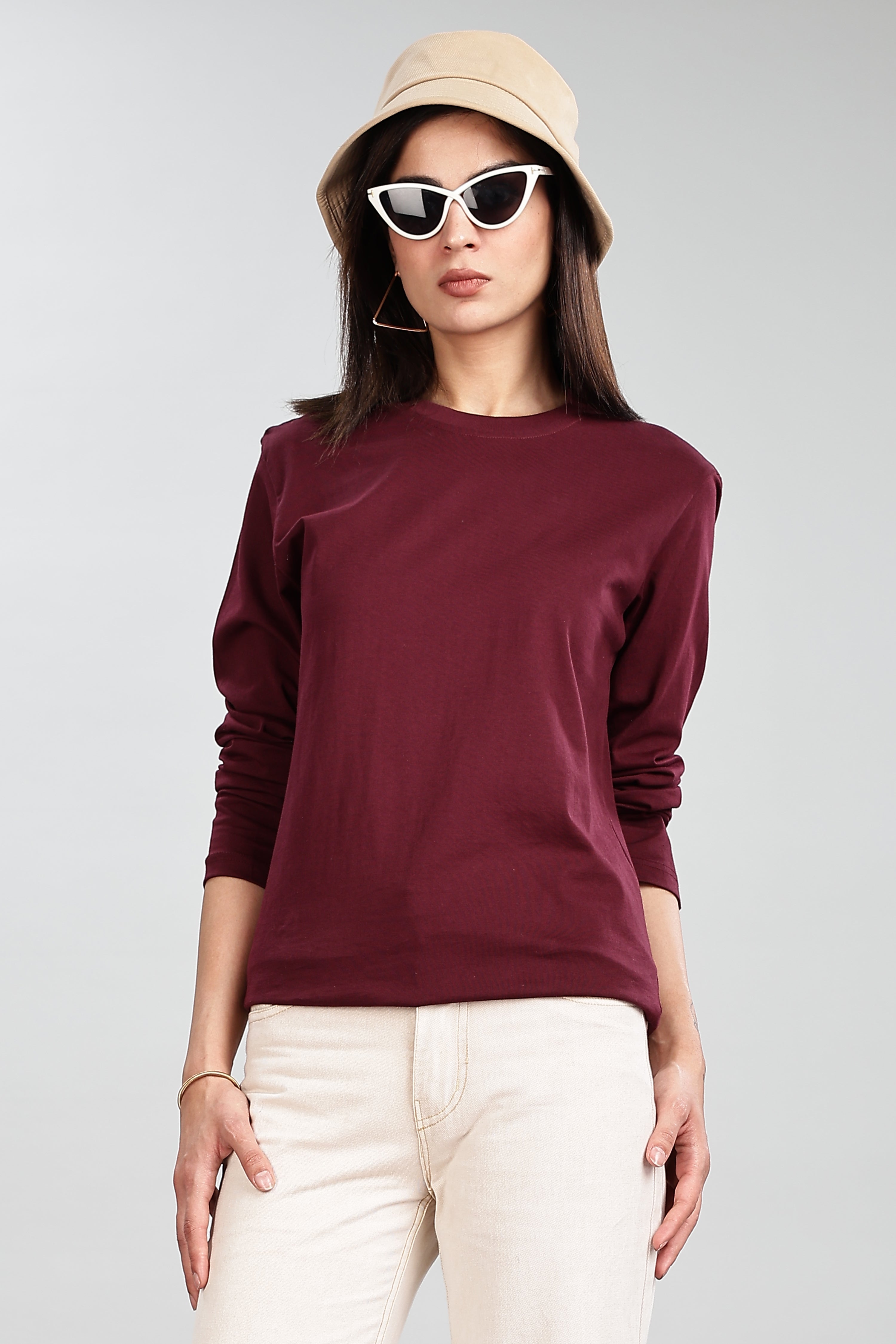 Burgundy Long Sleeve Rounded Neck T-Shirt
