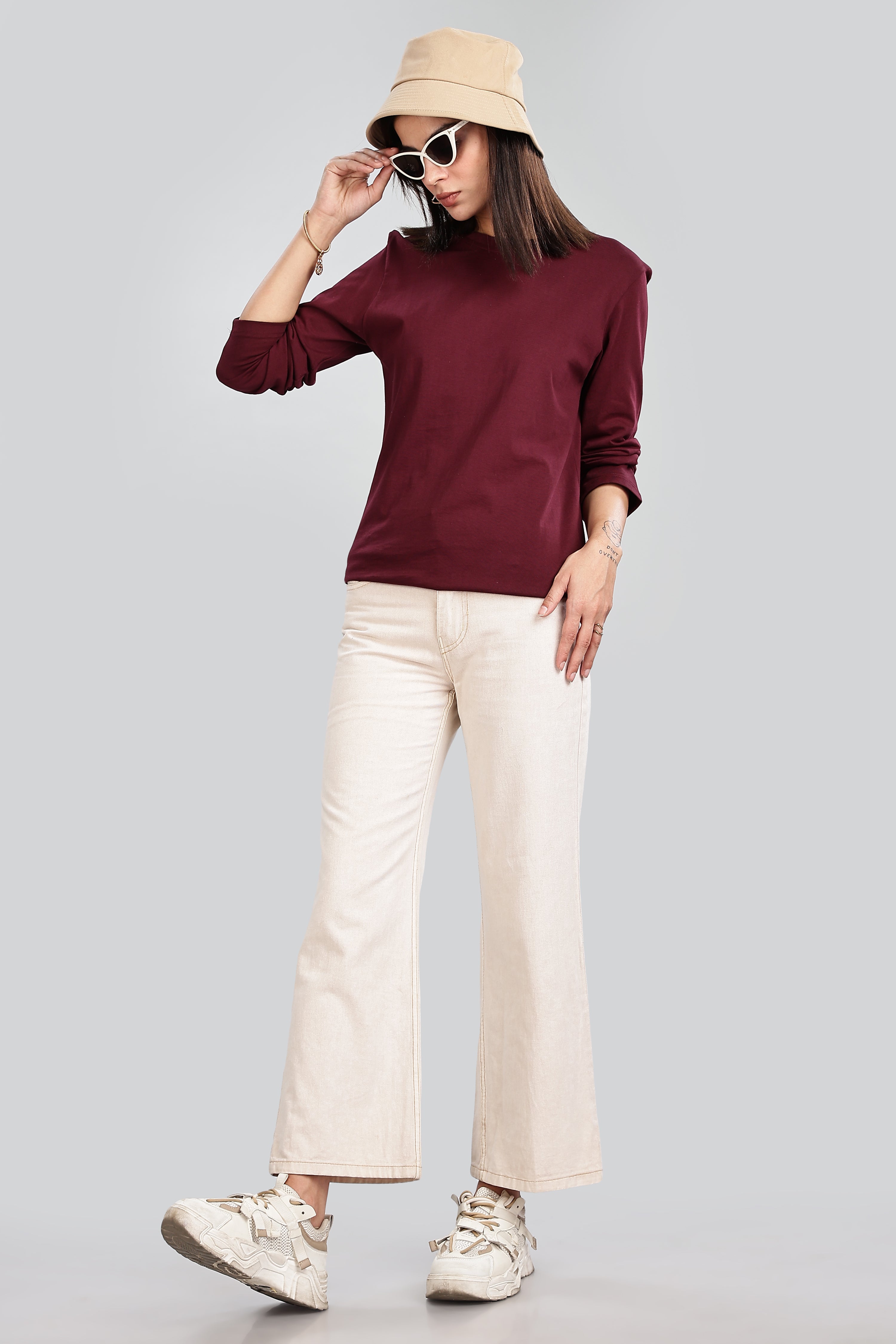 Burgundy Long Sleeve Rounded Neck T-Shirt
