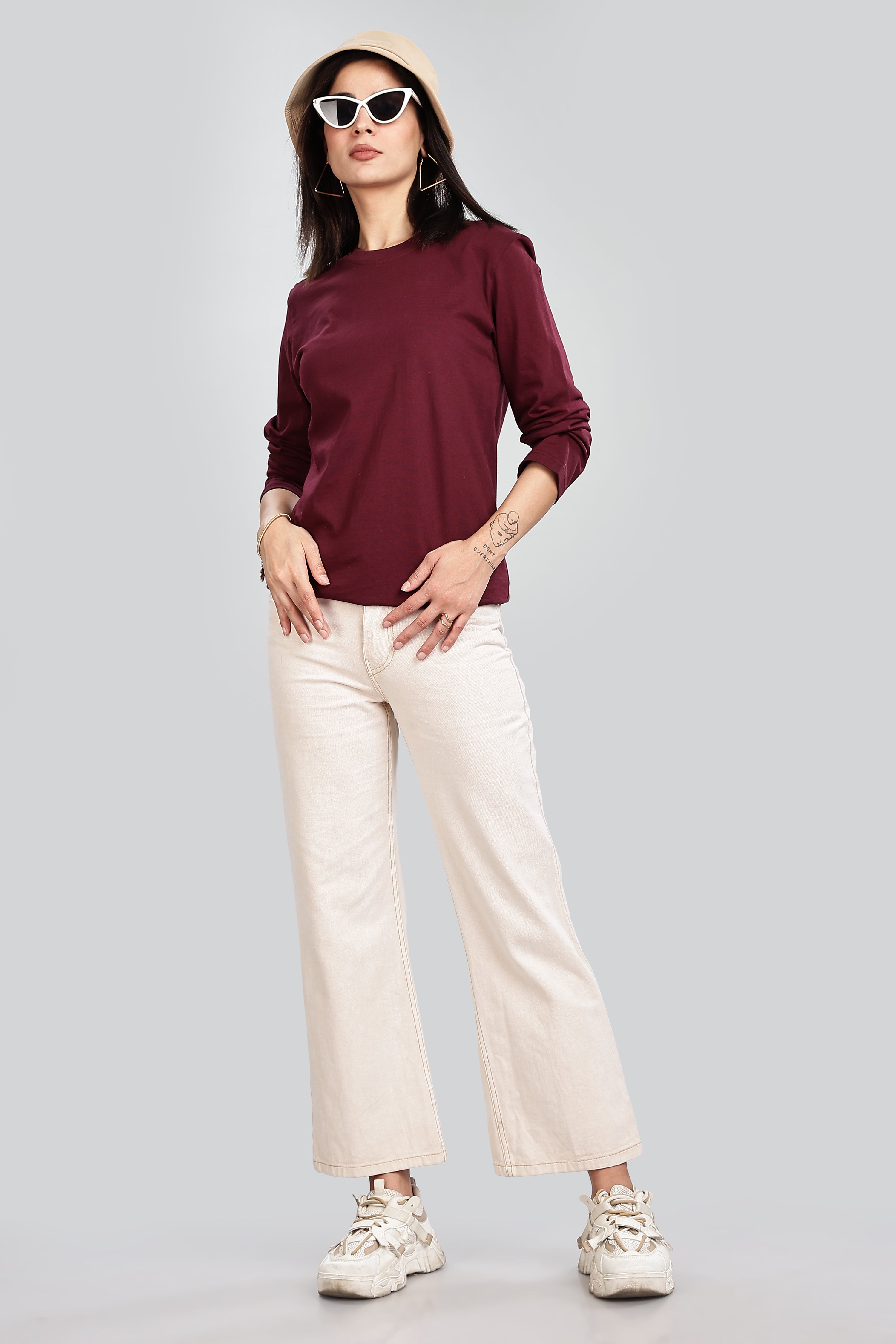 Burgundy Long Sleeve Rounded Neck T-Shirt