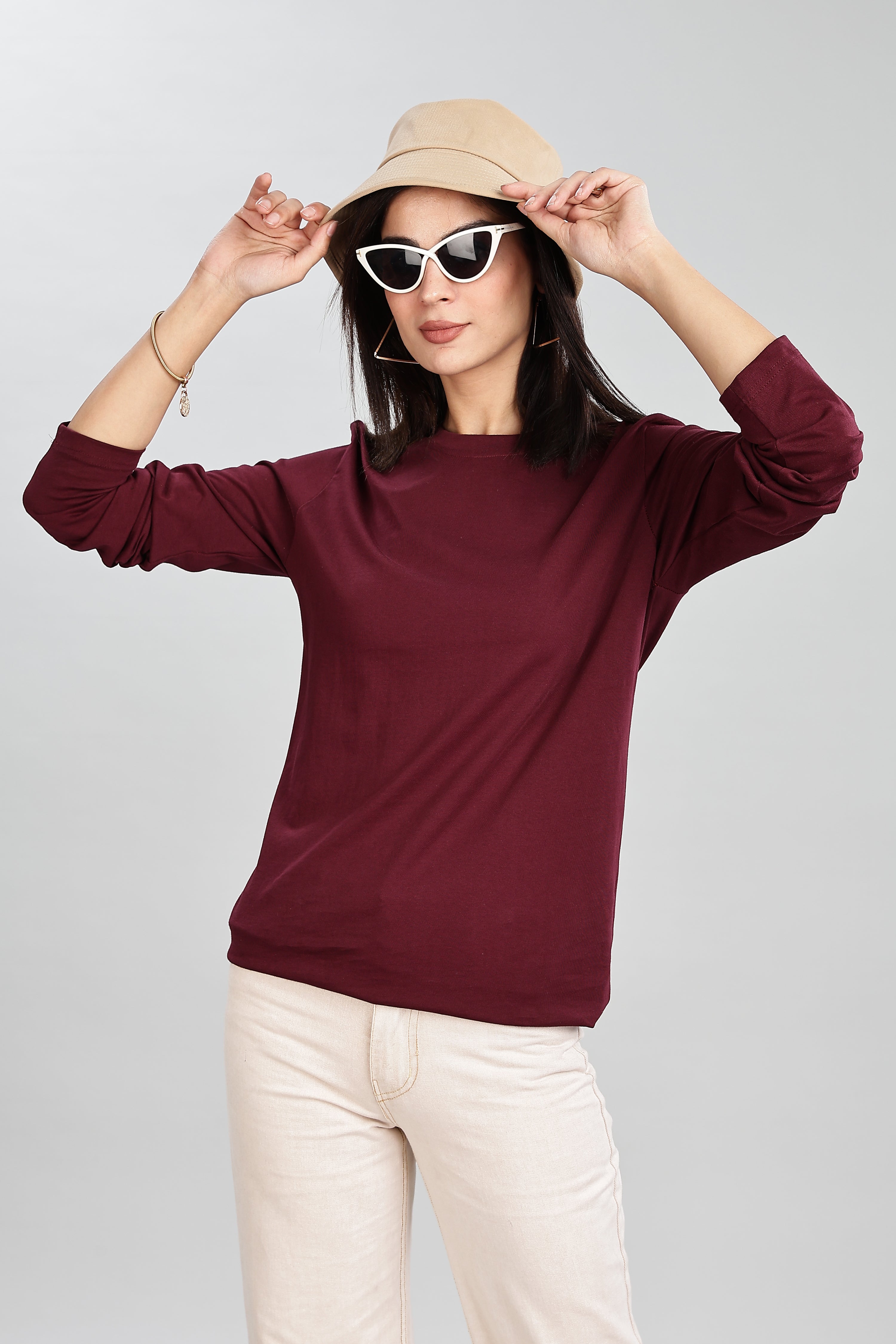 Burgundy Long Sleeve Rounded Neck T-Shirt