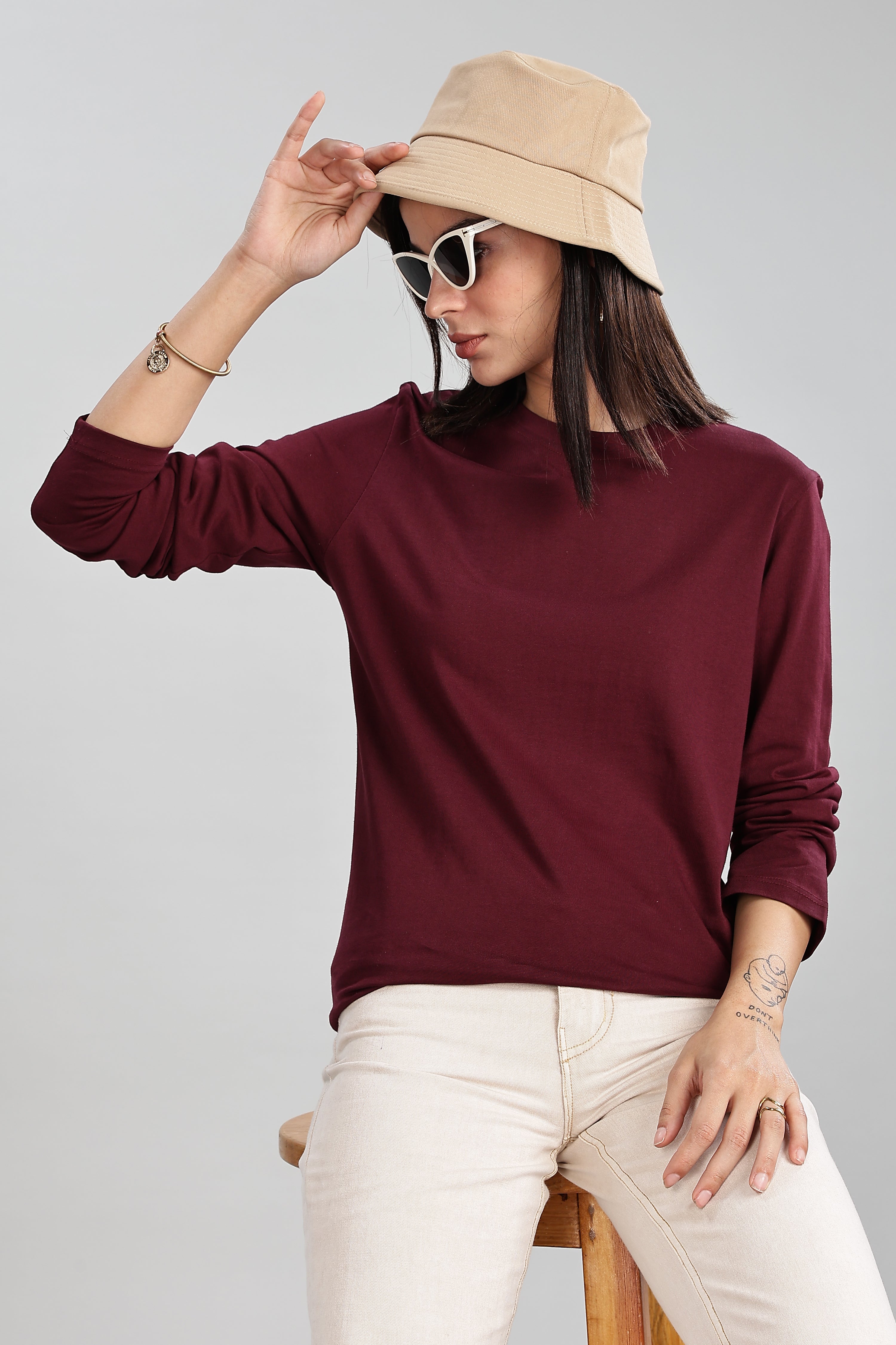 Burgundy Long Sleeve Rounded Neck T-Shirt