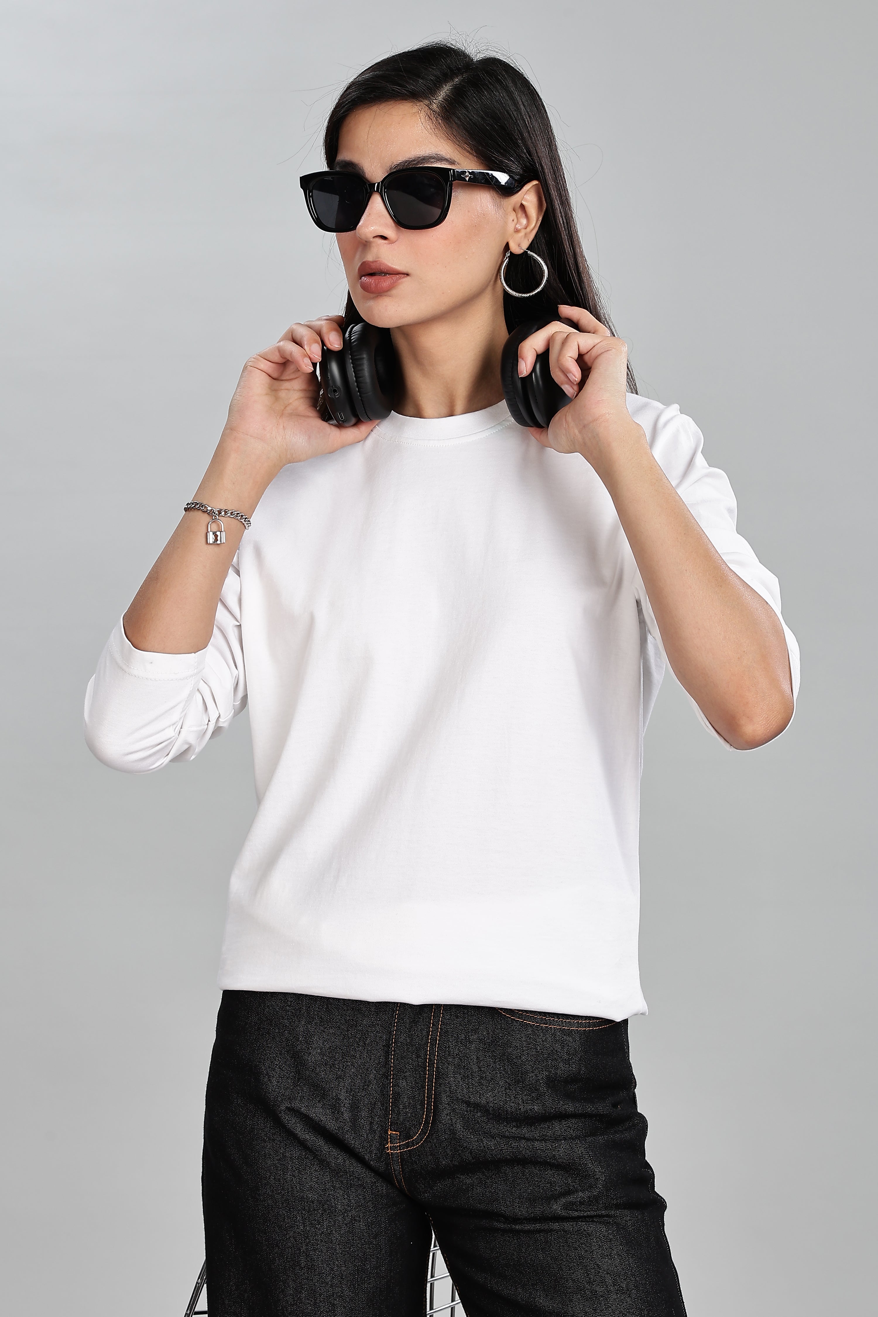 Milky White Long Sleeve Rounded Neck T-Shirt