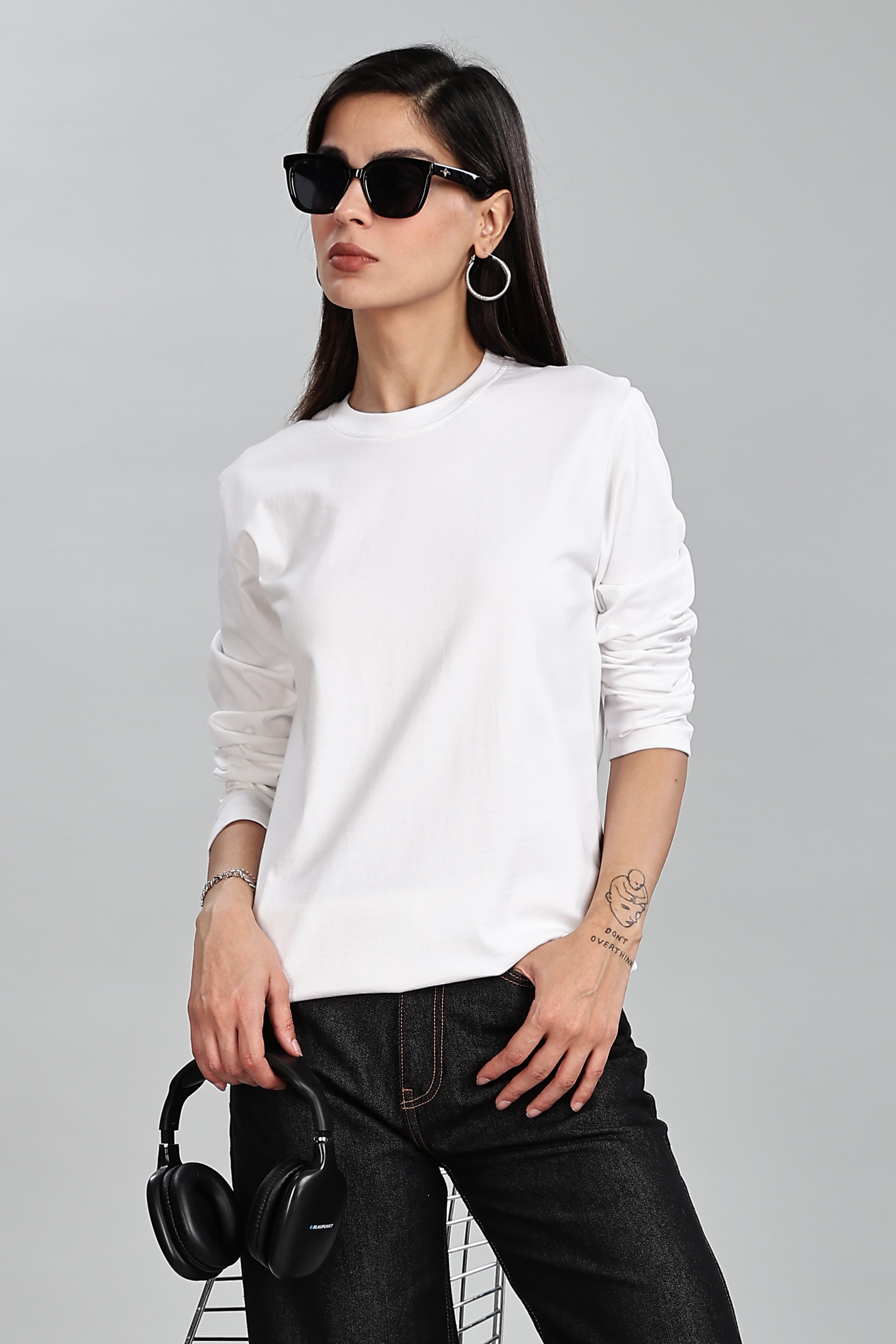 Milky White Long Sleeve Rounded Neck T-Shirt