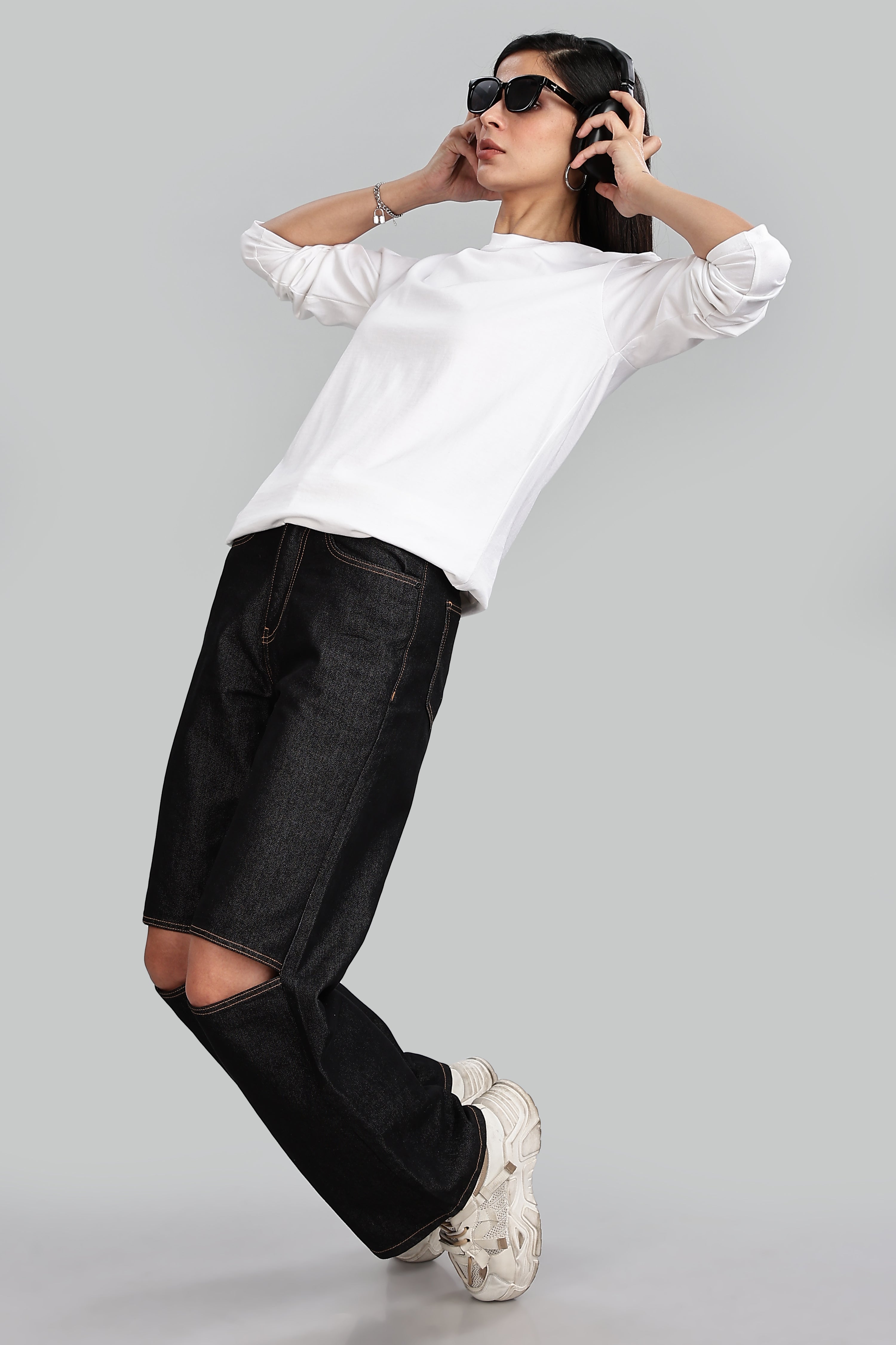 Milky White Long Sleeve Rounded Neck T-Shirt