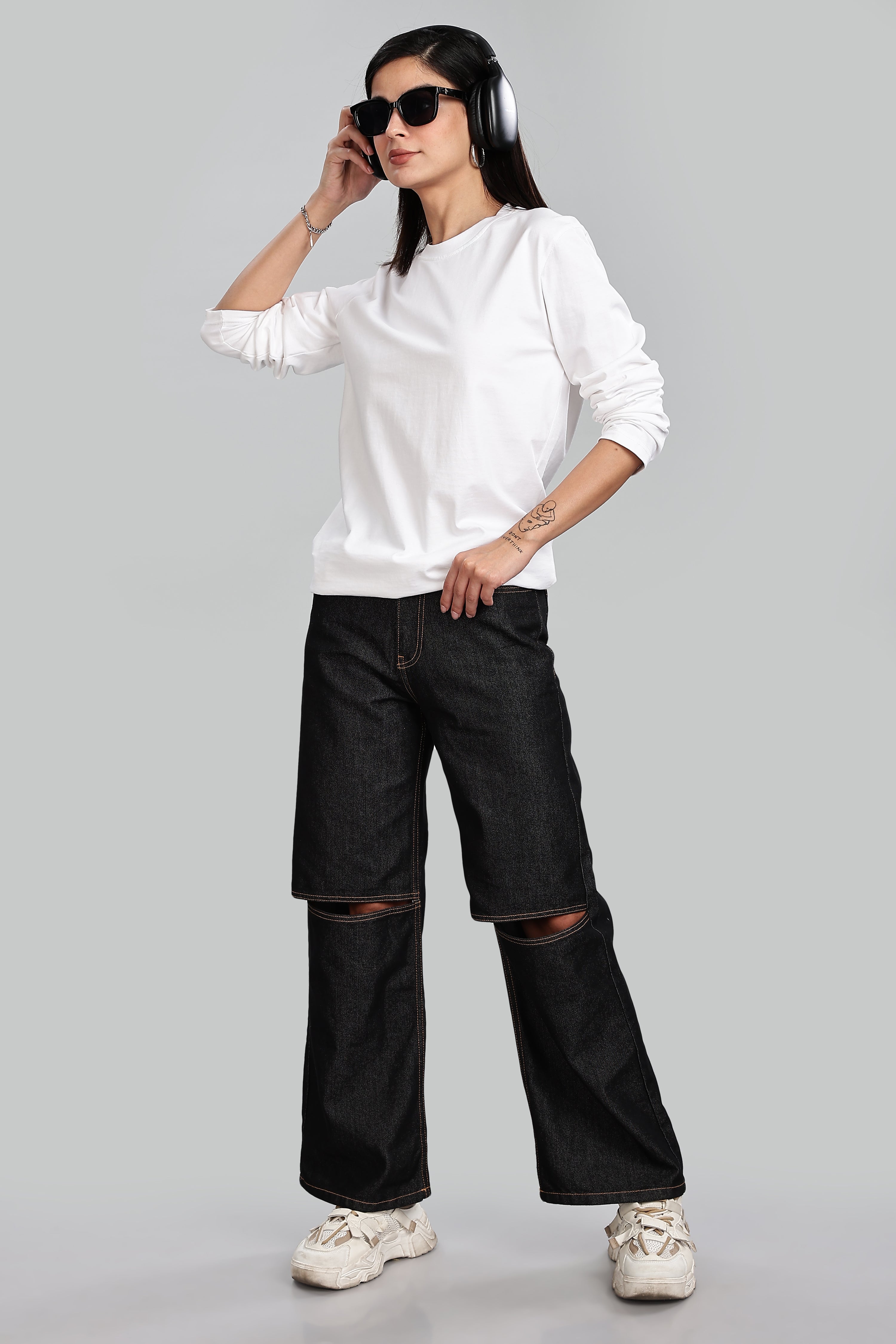 Milky White Long Sleeve Rounded Neck T-Shirt