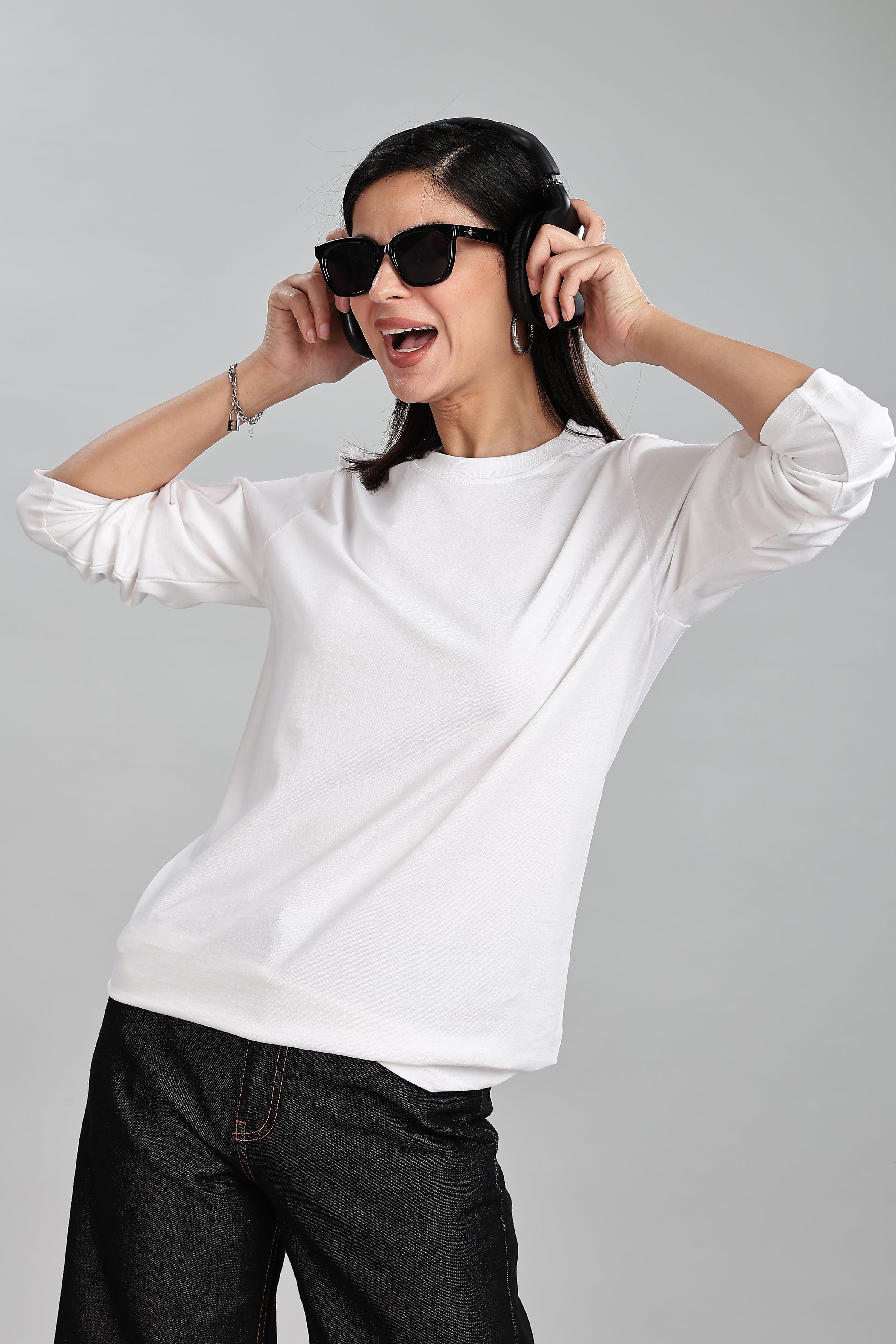 Milky White Long Sleeve Rounded Neck T-Shirt