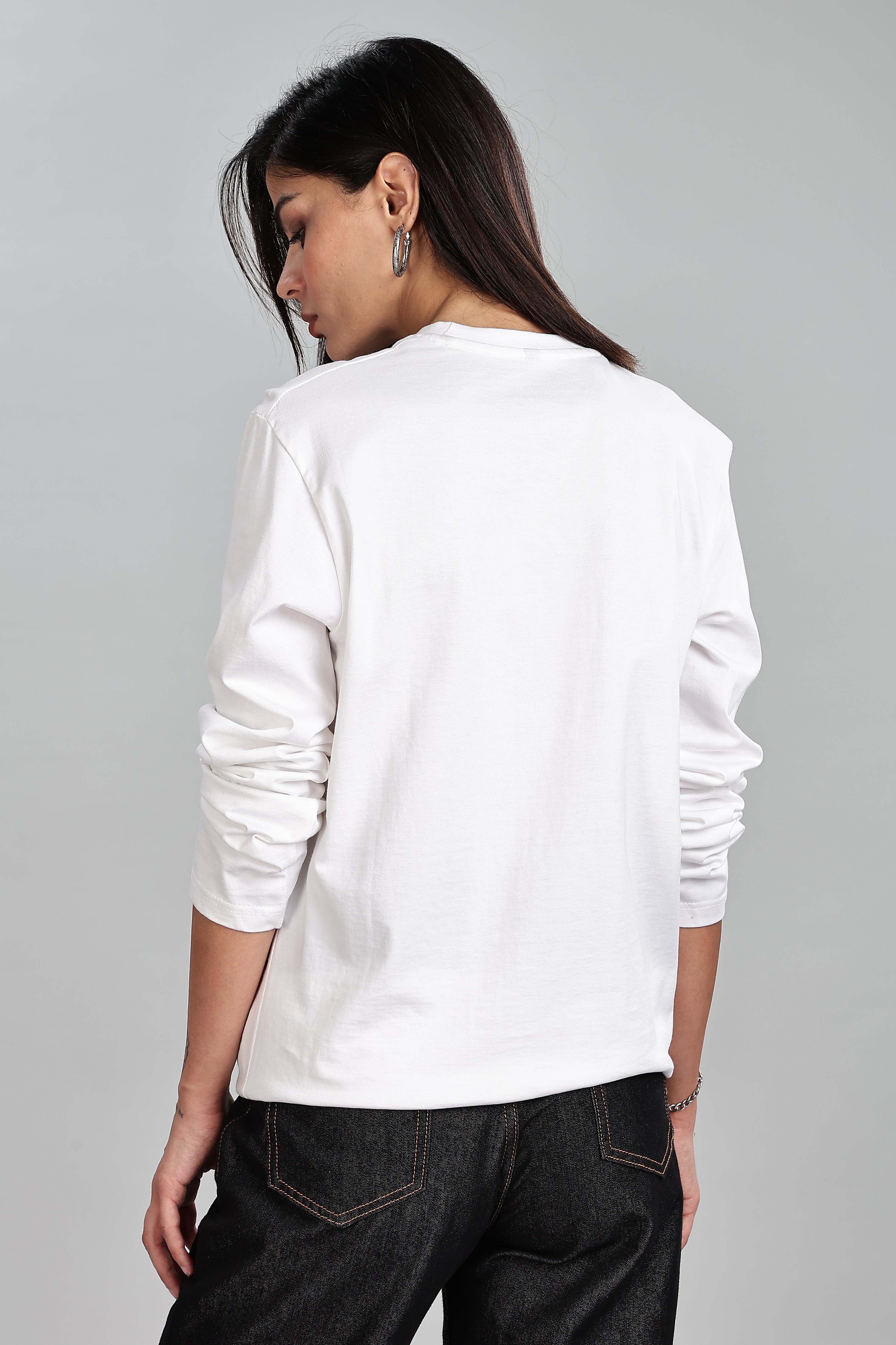 Milky White Long Sleeve Rounded Neck T-Shirt