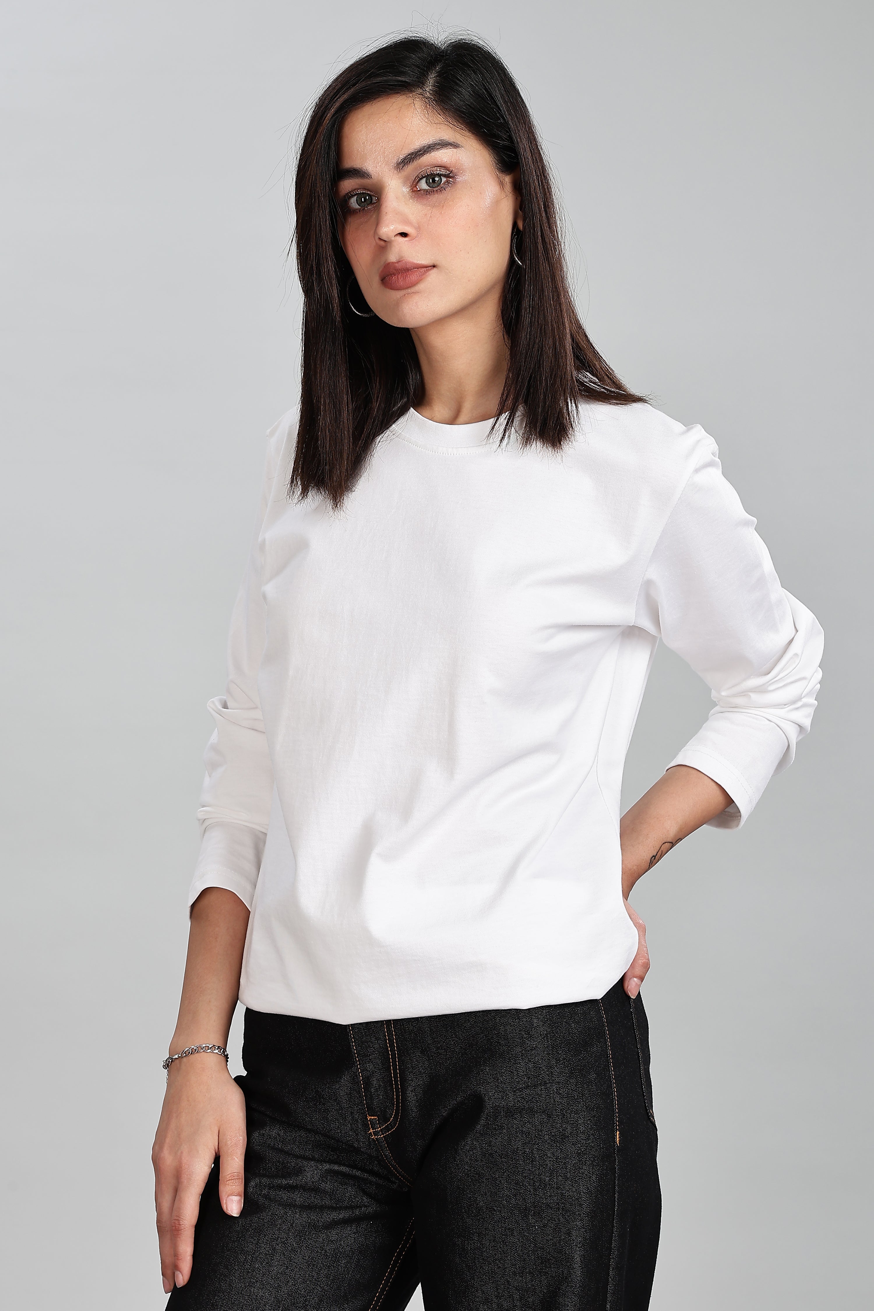 Milky White Long Sleeve Rounded Neck T-Shirt