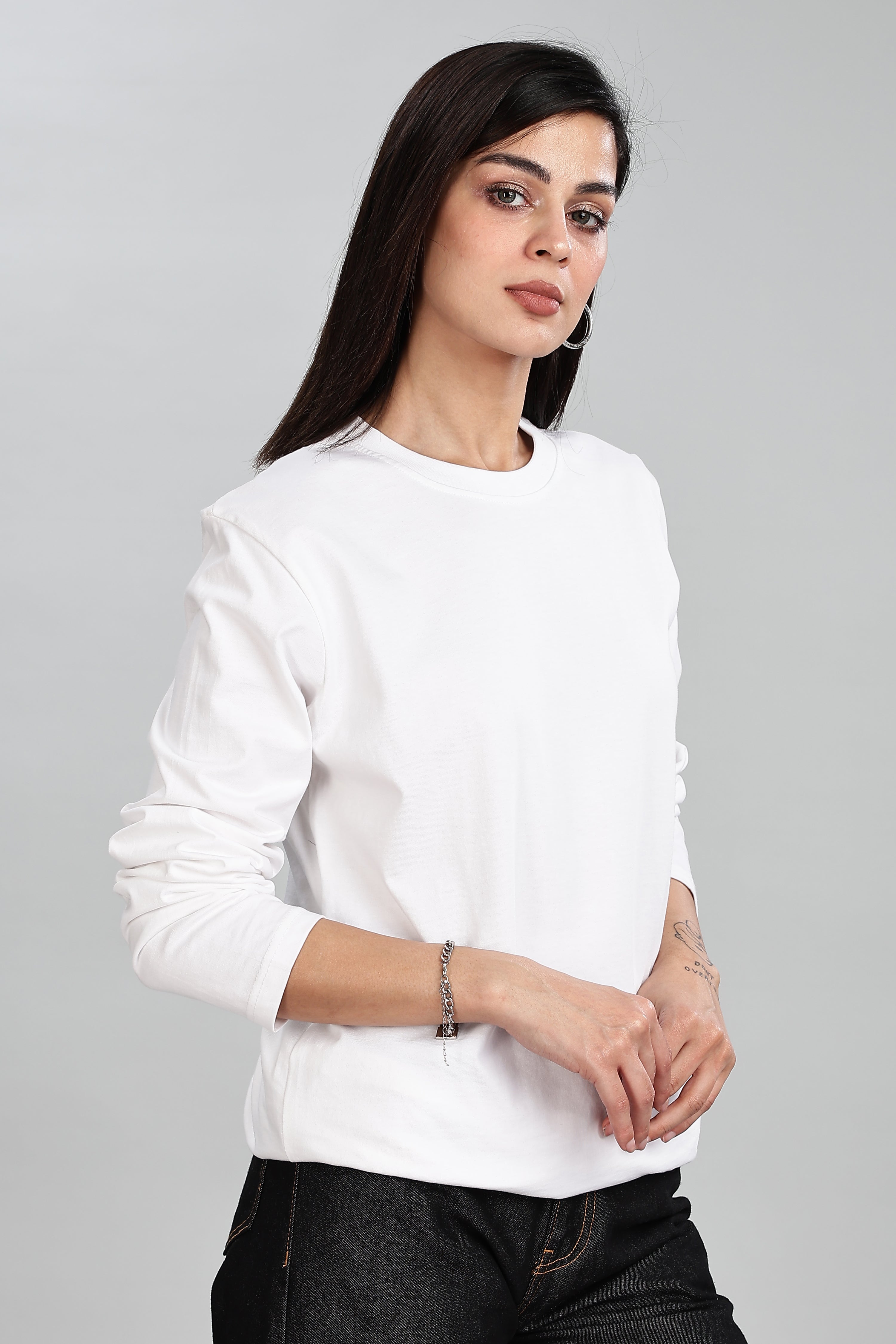 Milky White Long Sleeve Rounded Neck T-Shirt