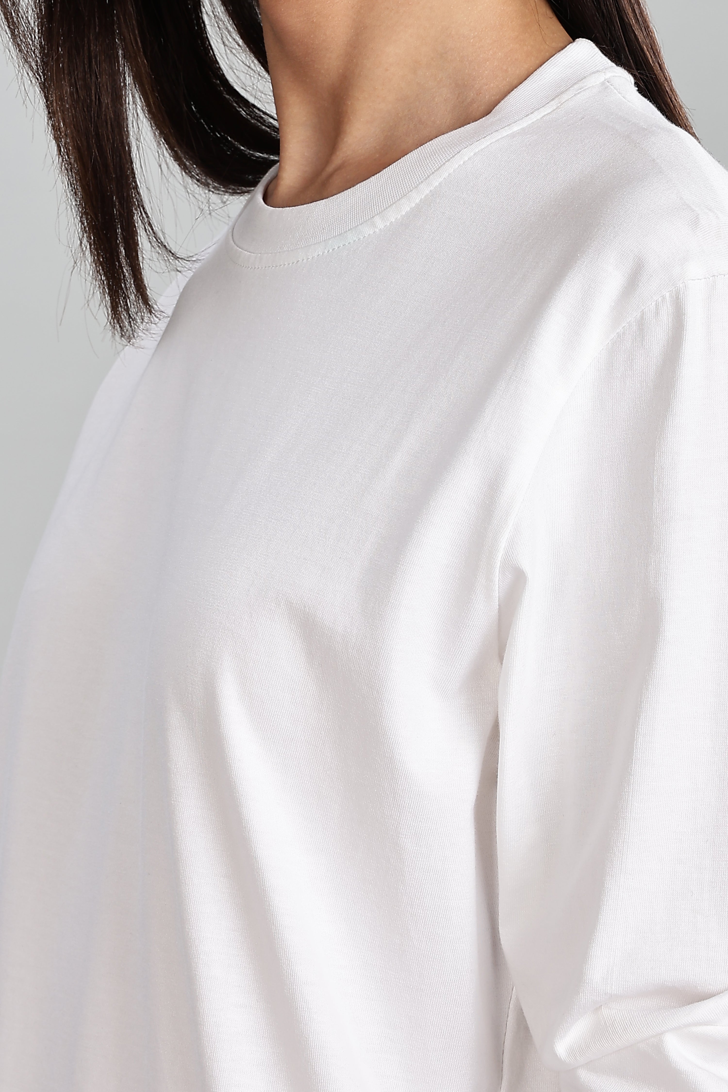 Milky White Long Sleeve Rounded Neck T-Shirt